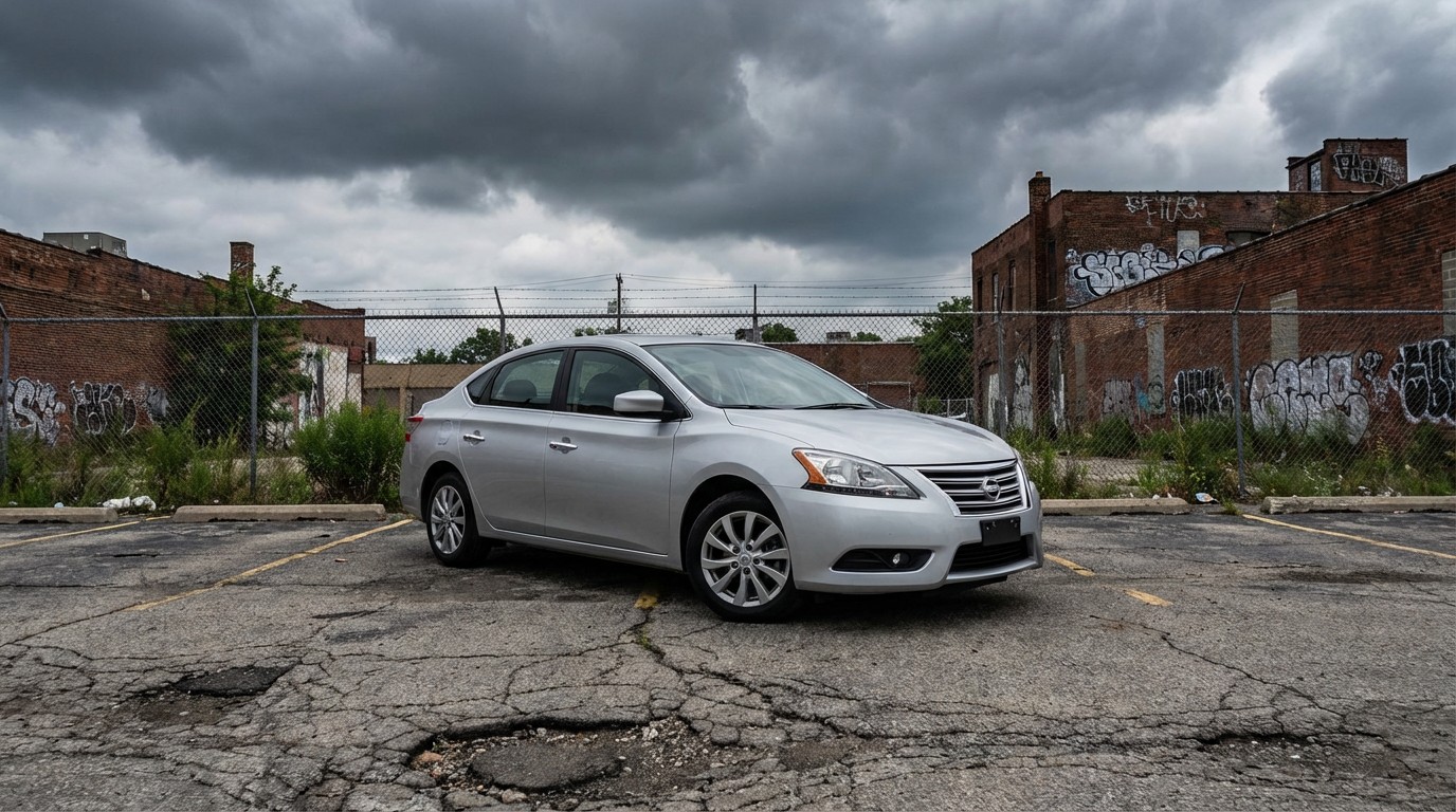 Silver Nissan Sentra sedan in a run-down parking lot
