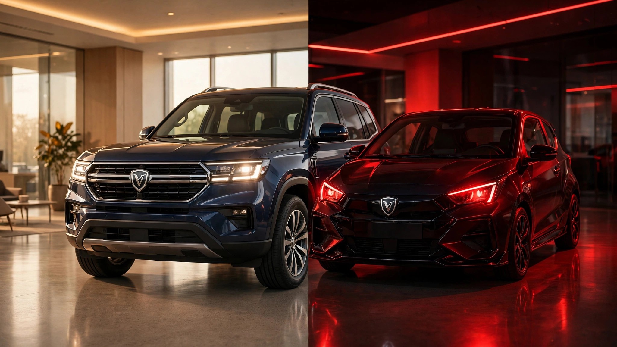 Split showroom floor: a safe family SUV under warm light and a fragile sports car under red warning light, same brand badge