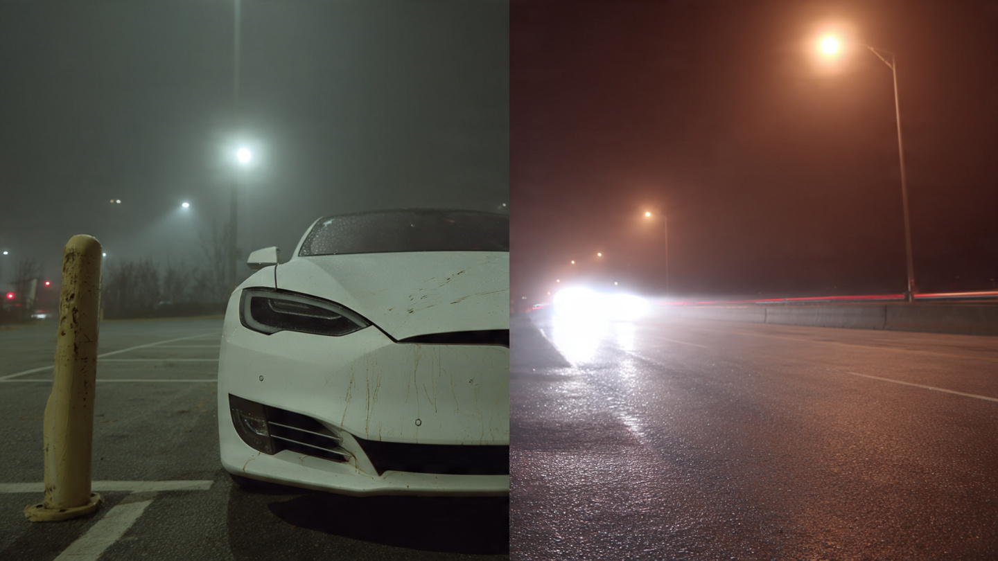 Split view of a Tesla in an empty parking lot and a Tesla on a foggy highway, illustrating the two regulatory paths for automated driving