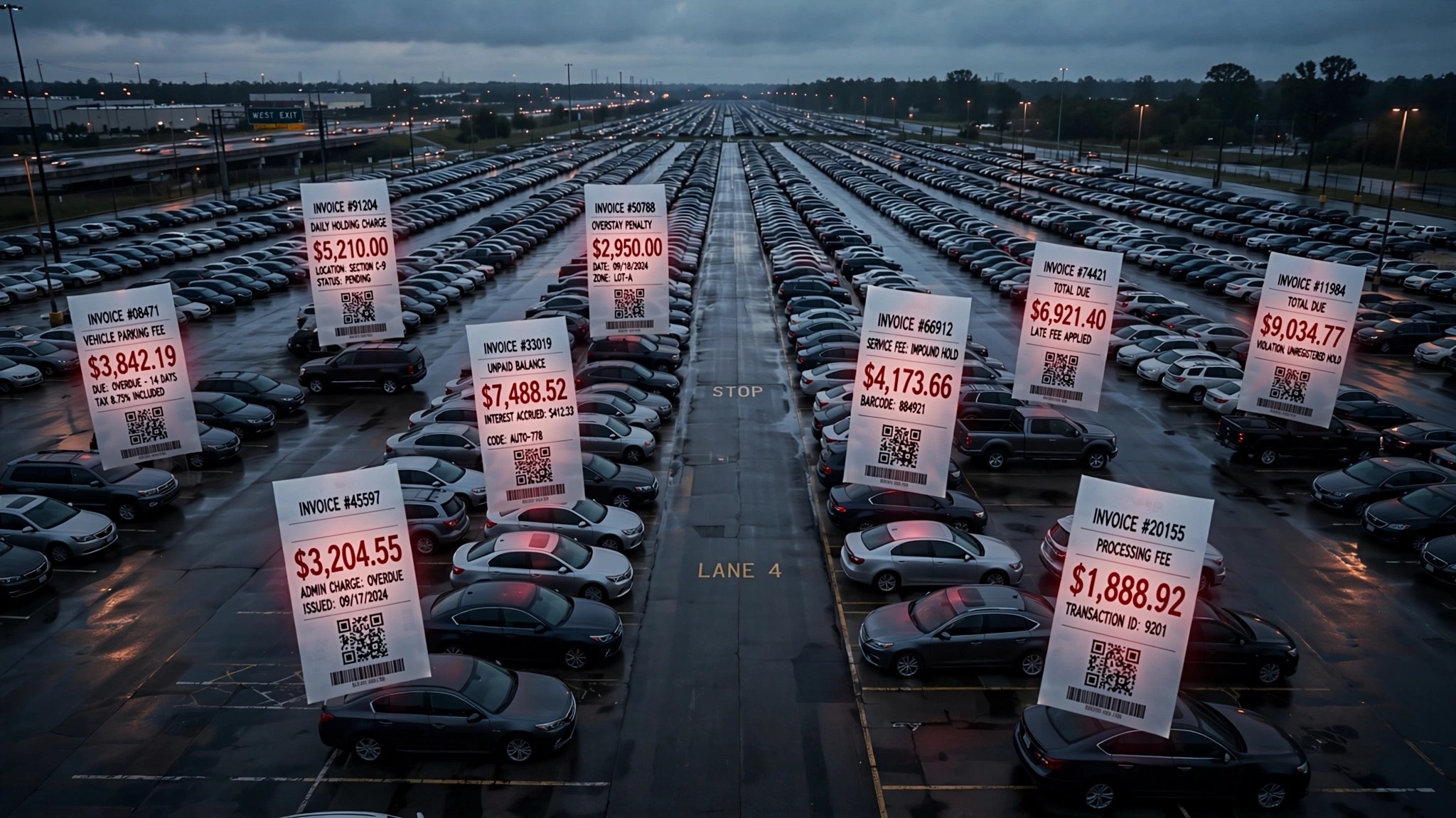 Ghostly receipt superimposed over a parking lot of cars