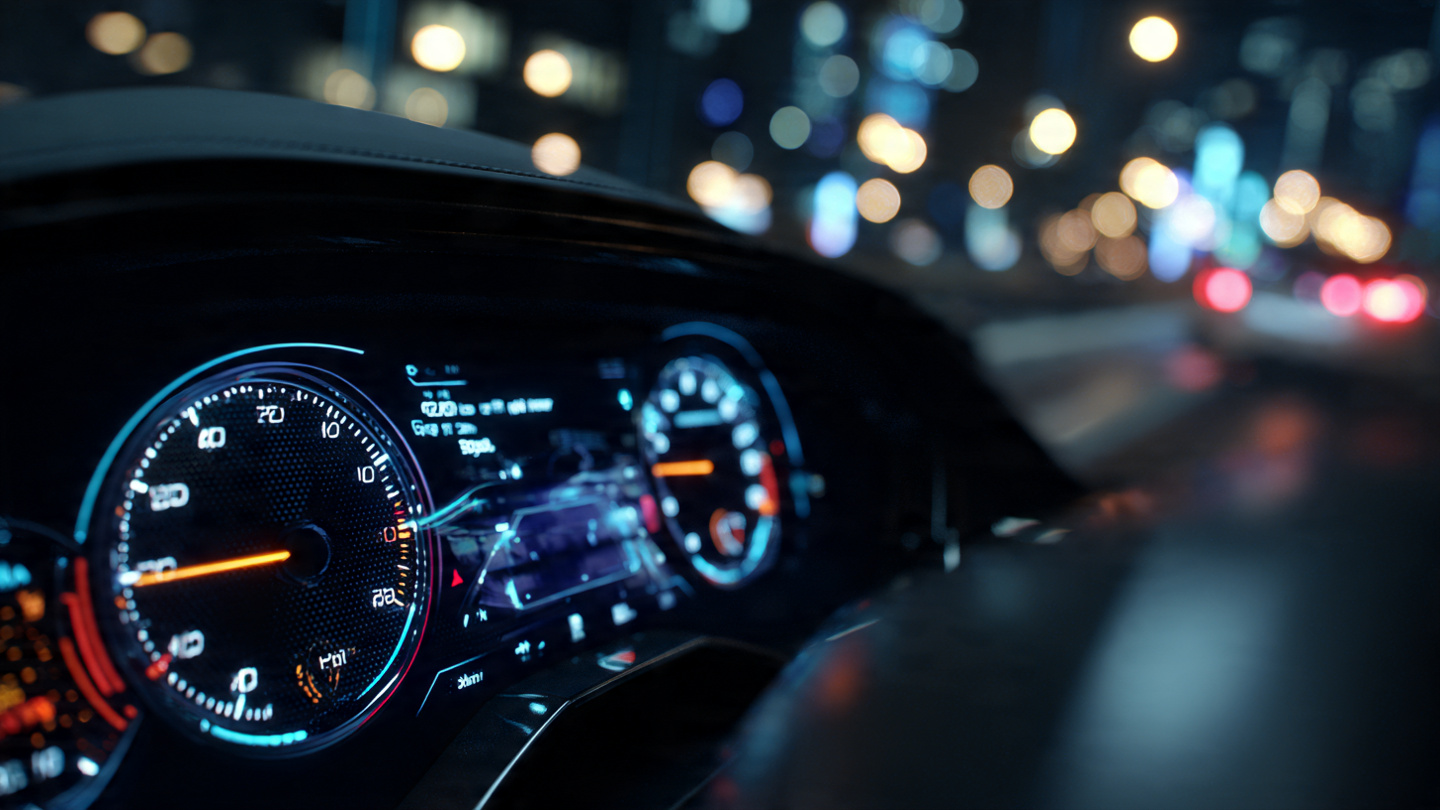 A glitching digital car dashboard displaying error codes and warning symbols at night