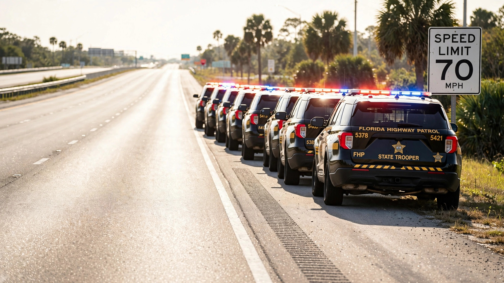 Florida Highway Patrol cruisers on interstate shoulder with speed limit sign