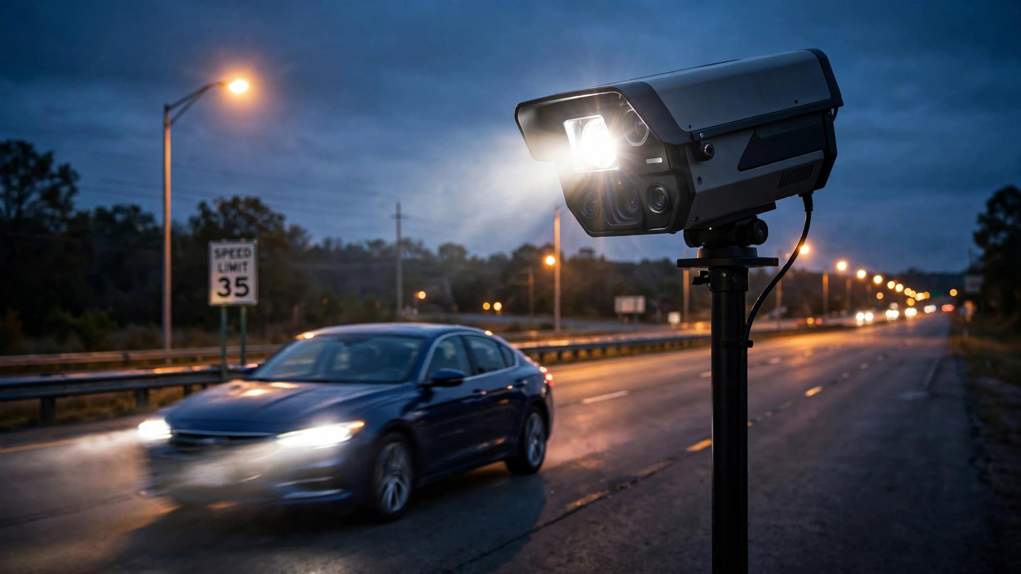 Speed camera mounted on a highway pole at dusk, flash illuminating a passing vehicle