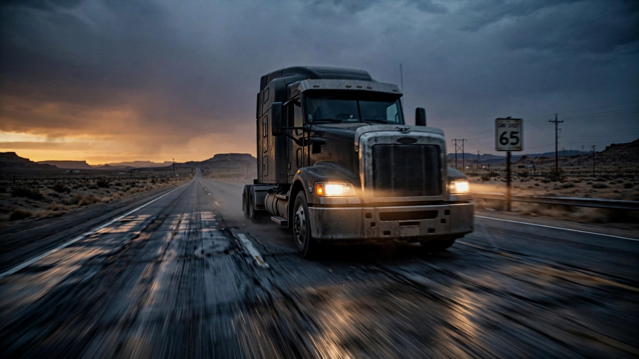 Semi-truck barreling down a desert highway at dusk