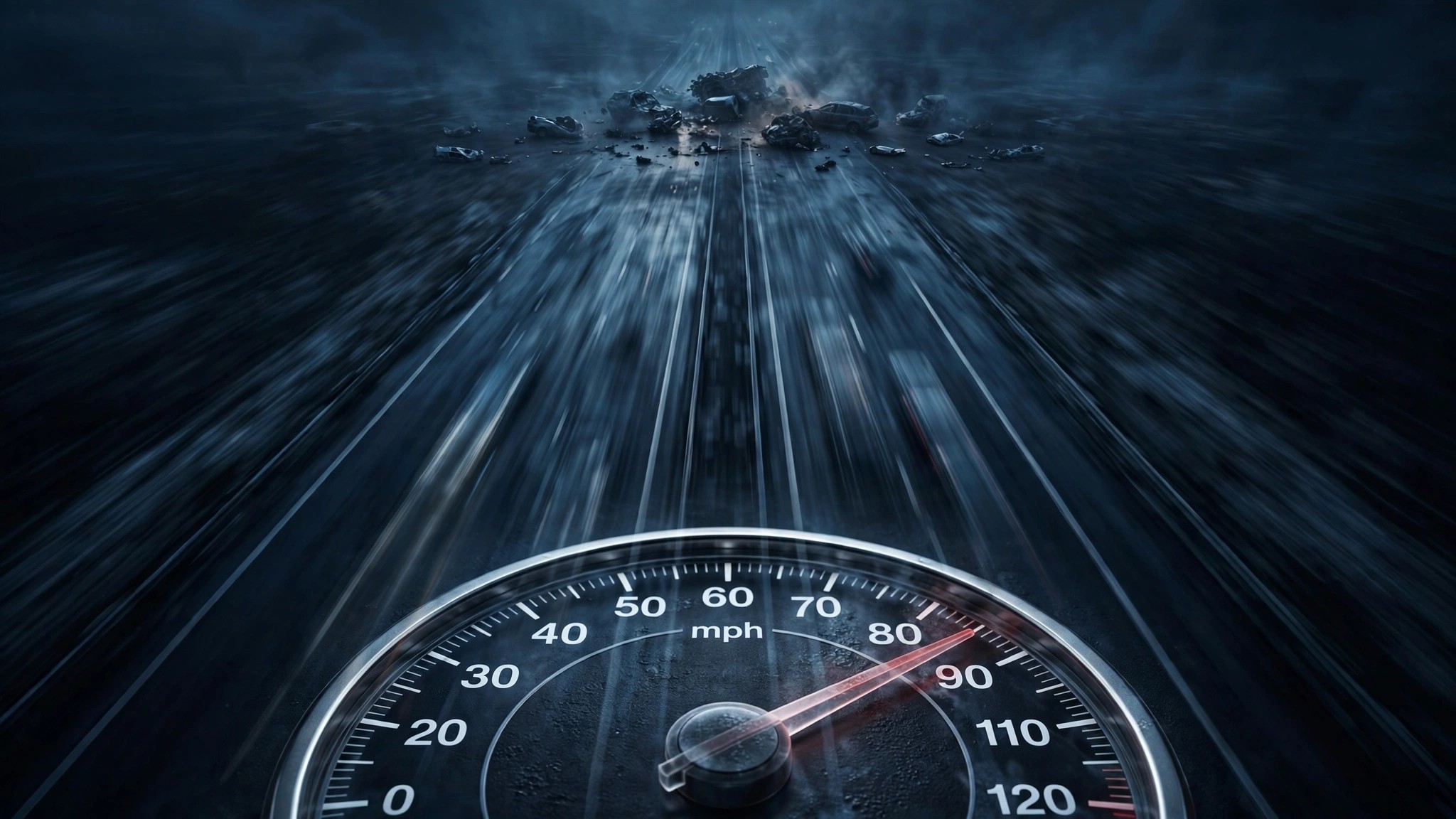Speedometer at 90 mph with highway stretching into darkness