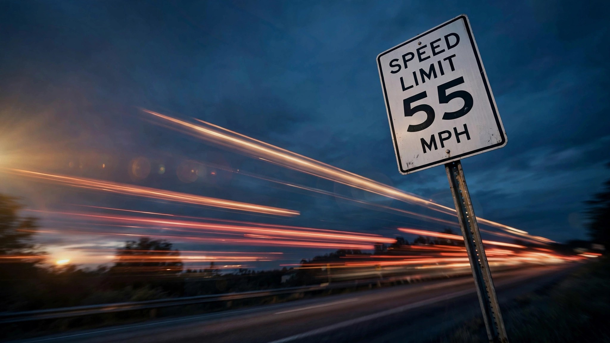 Highway speed limit sign at twilight with motion-blurred taillights