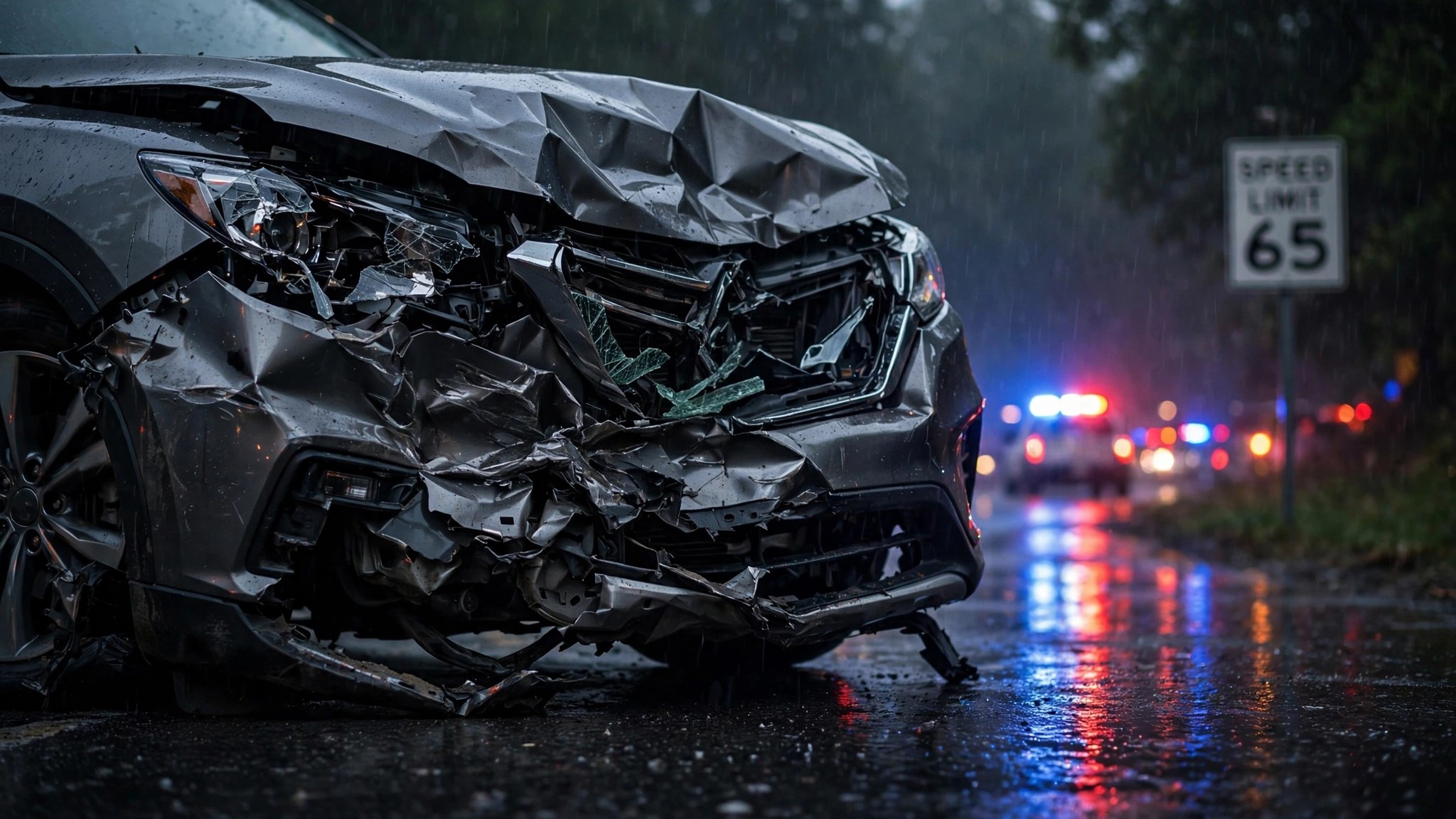 Crumple zone deformation on a modern SUV after a high-speed crash