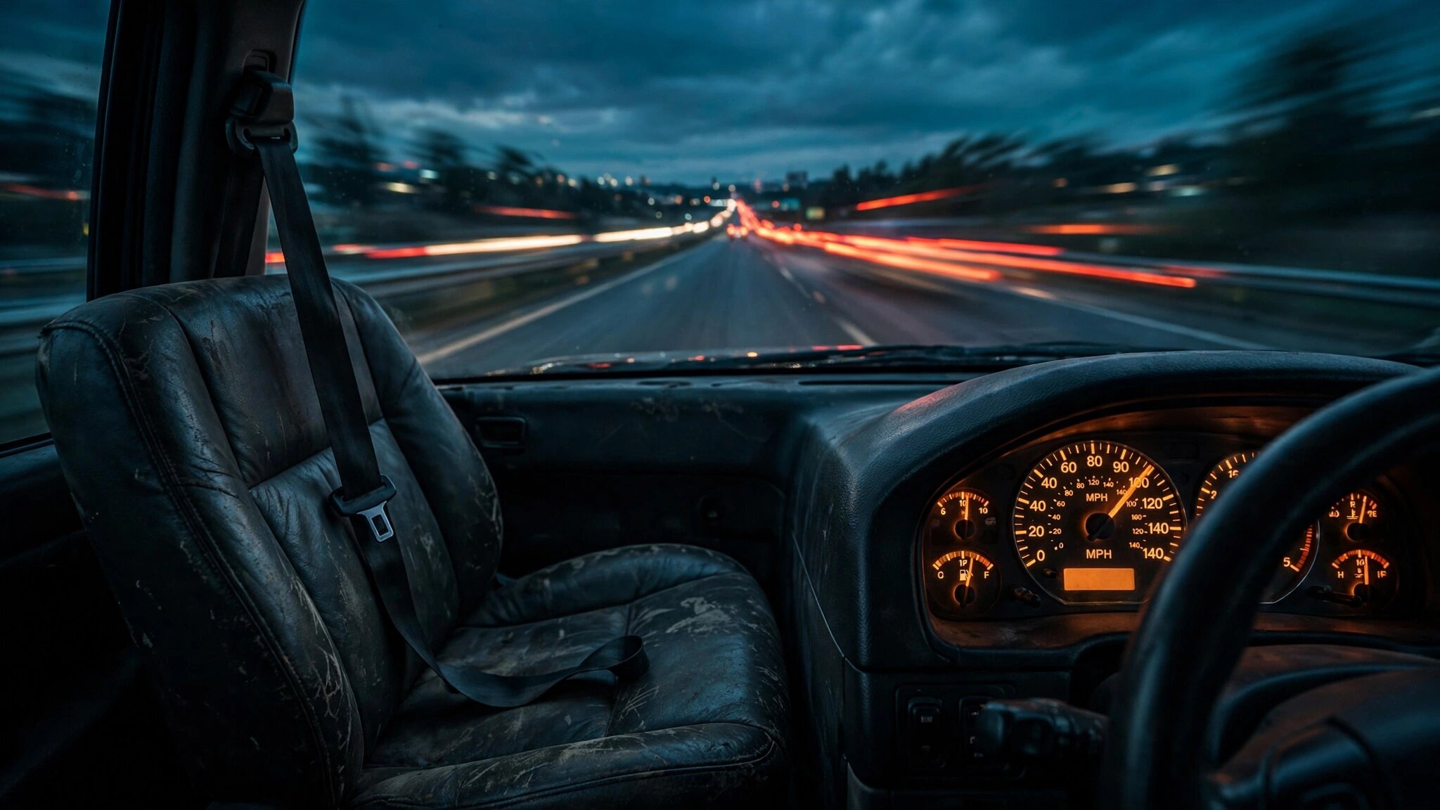 Highway at twilight with motion-blurred tail lights and unbuckled seatbelt