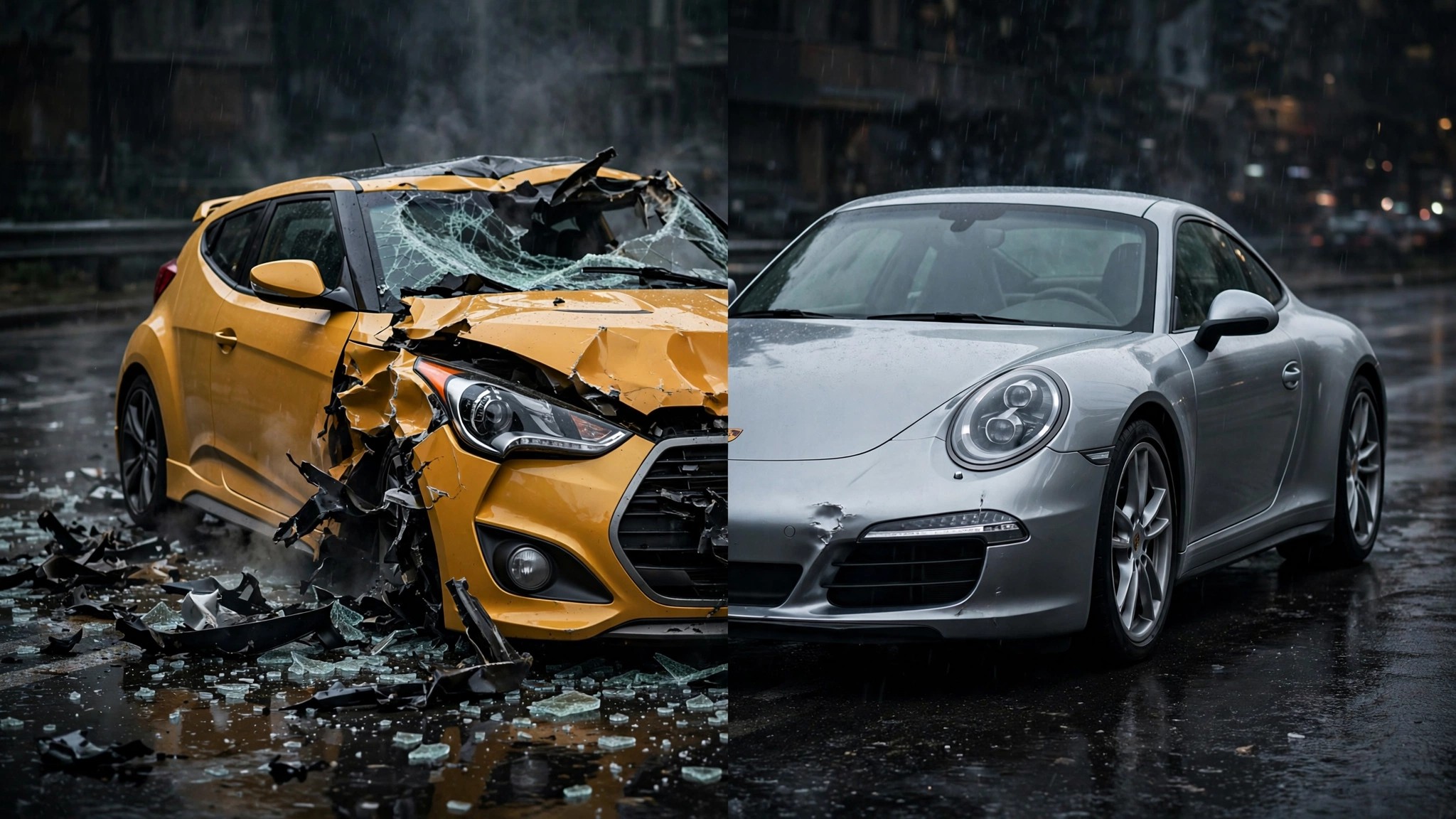 Split comparison of budget and luxury sports cars showing crash engineering gap