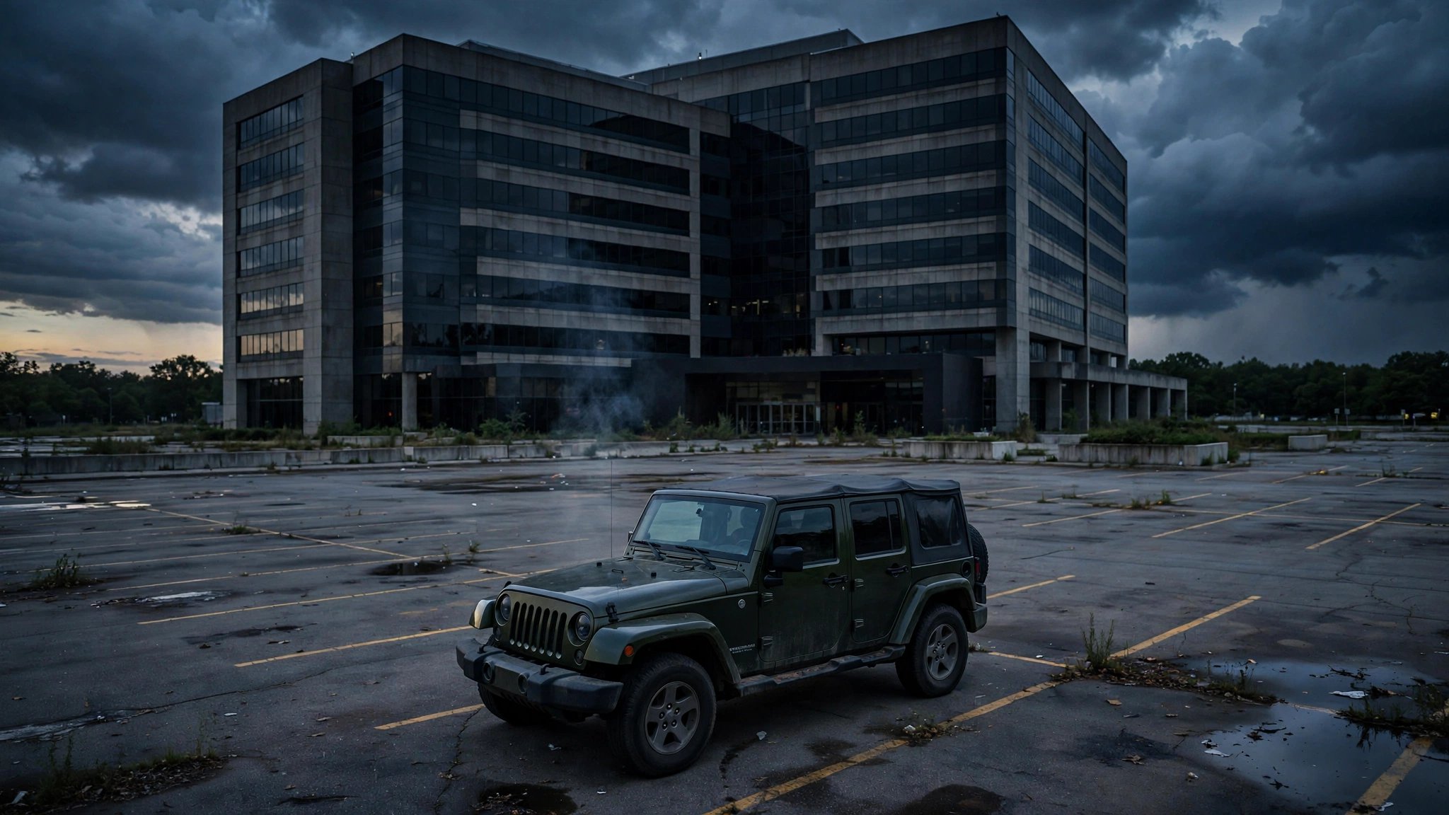 A Jeep Wrangler in an empty corporate parking lot at dusk with smoke rising from under the hood