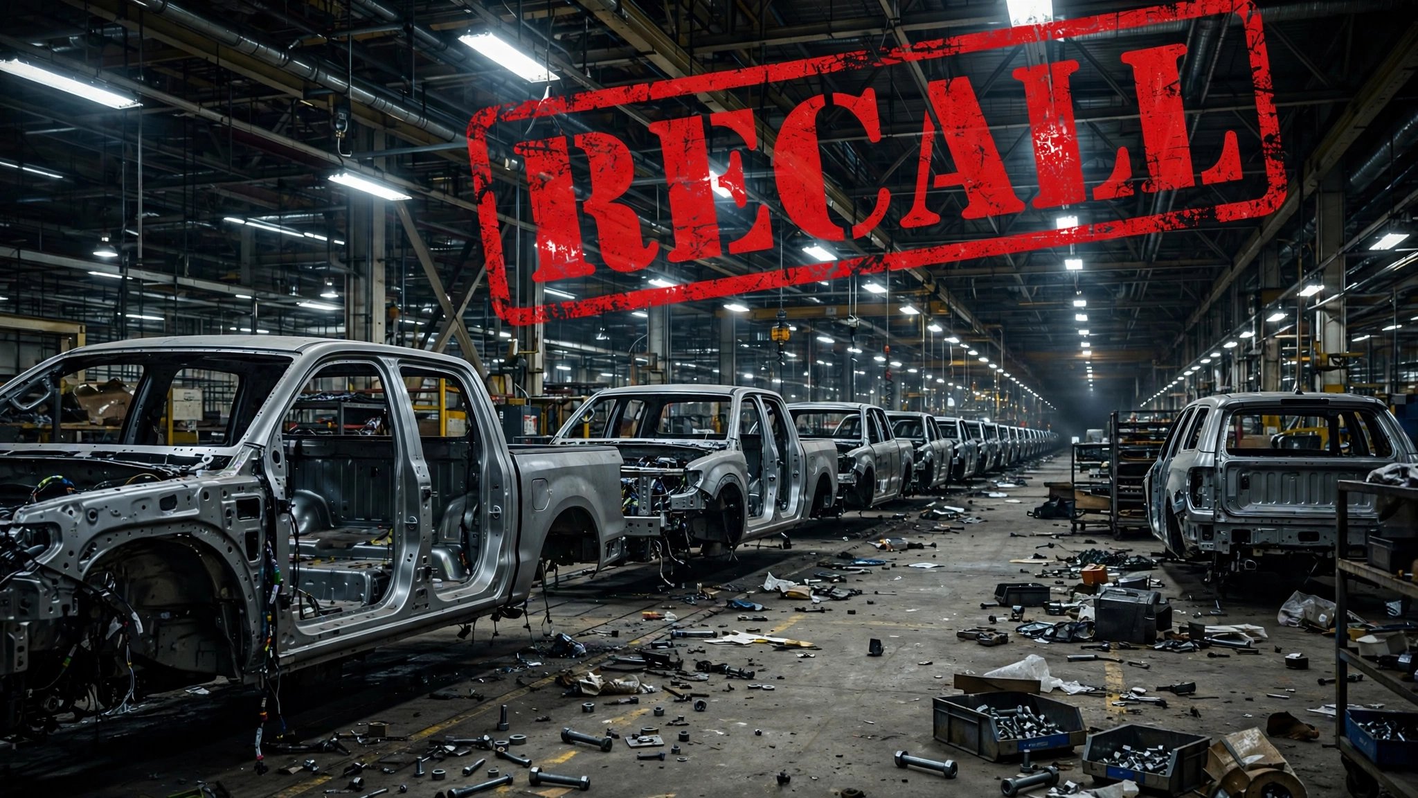 Assembly line with half-finished vehicles and recall overlay