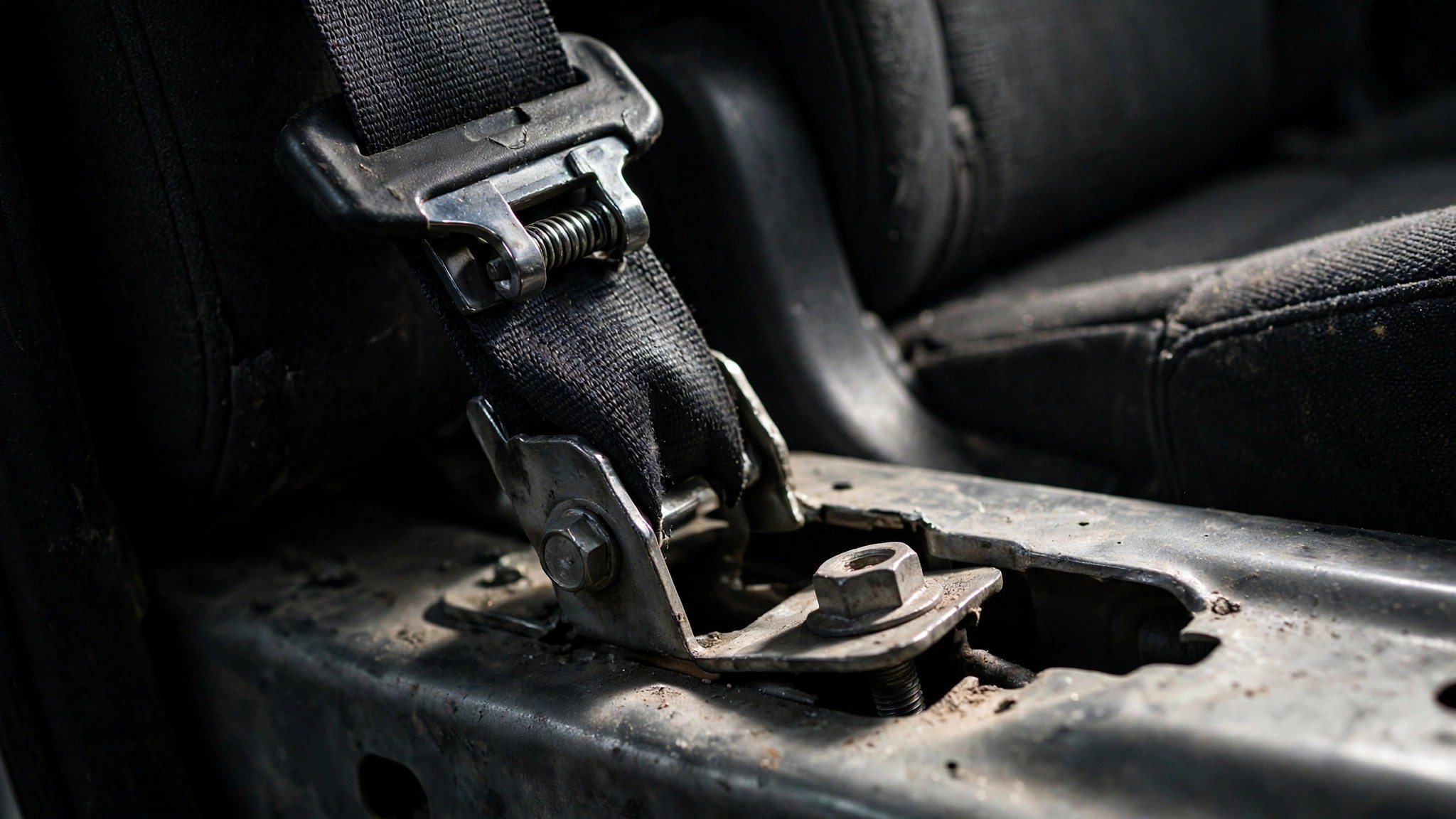 Two different seat belt mechanisms side by side, both broken, on a Stellantis assembly background