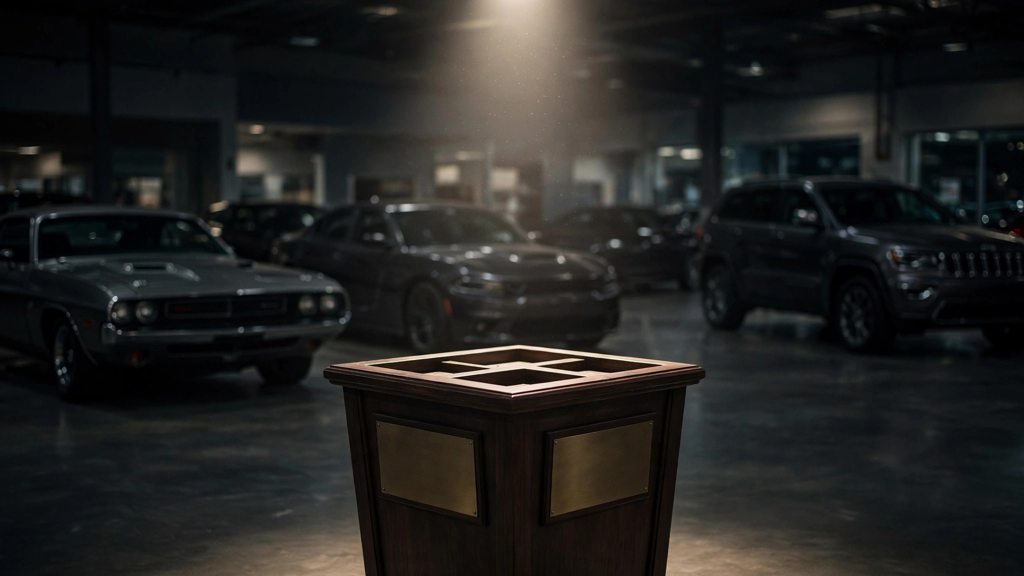 Empty awards podium in a dim automotive showroom