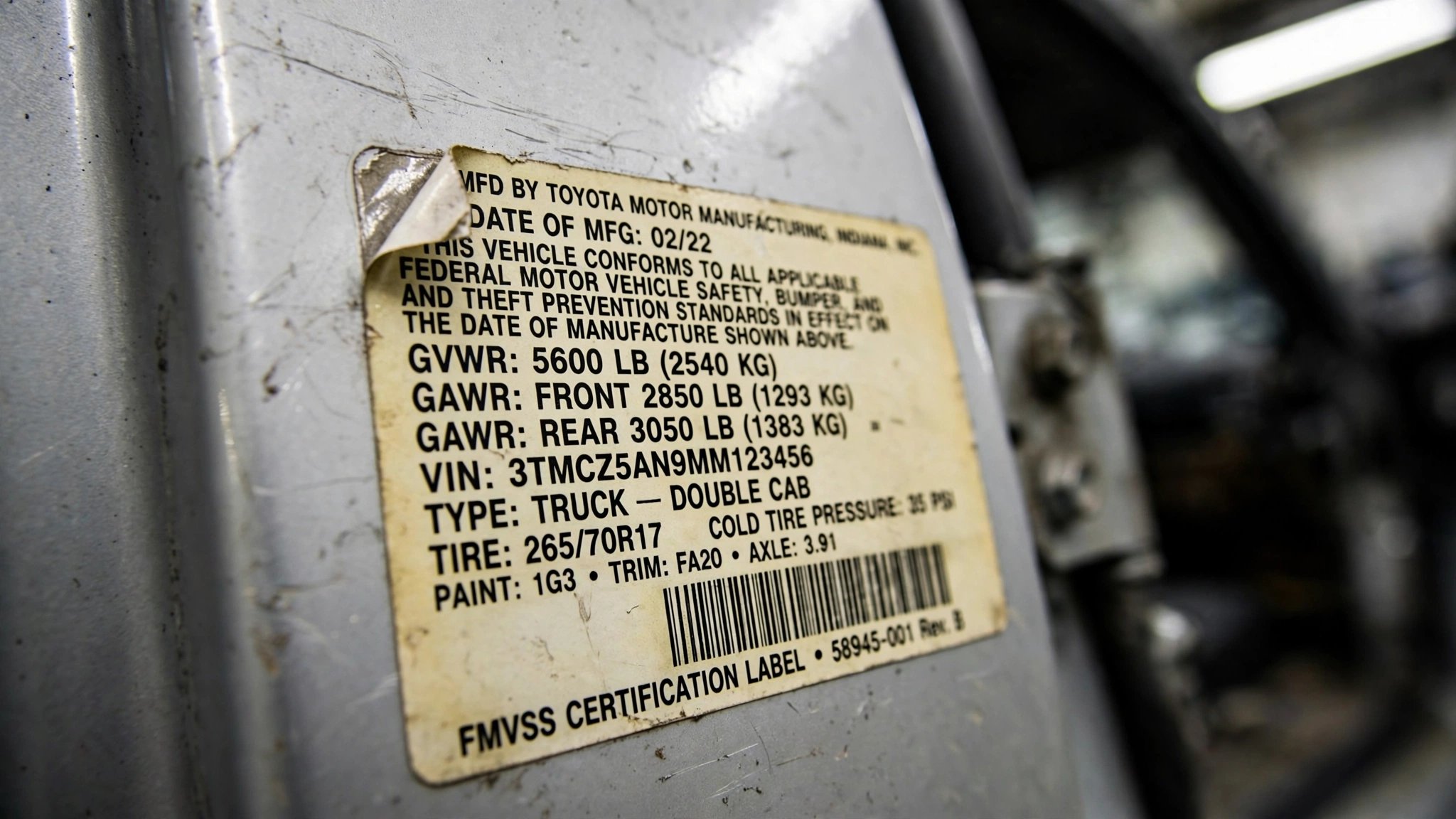 Close-up of a vehicle certification label showing weight ratings