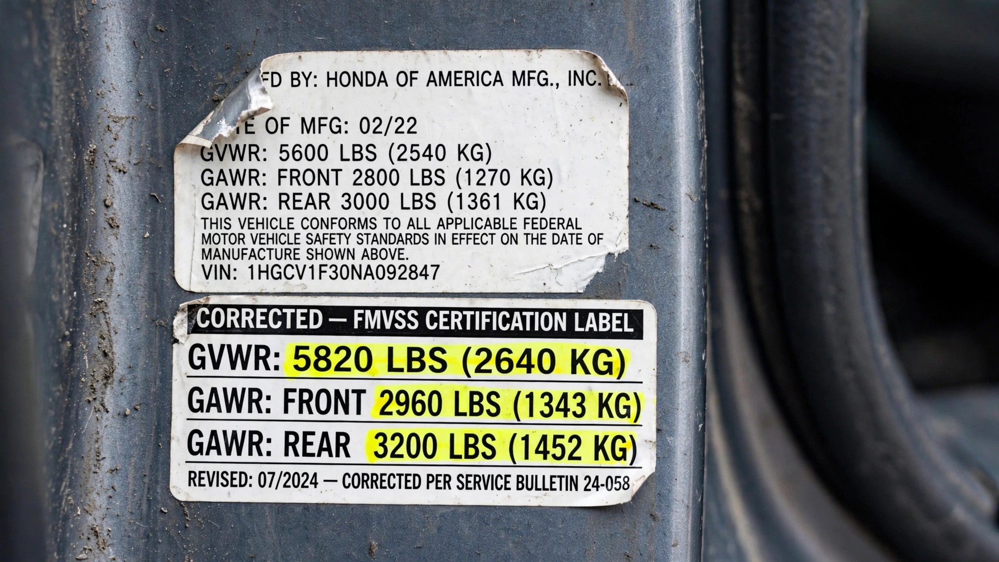 Vehicle certification label being replaced with corrected sticker