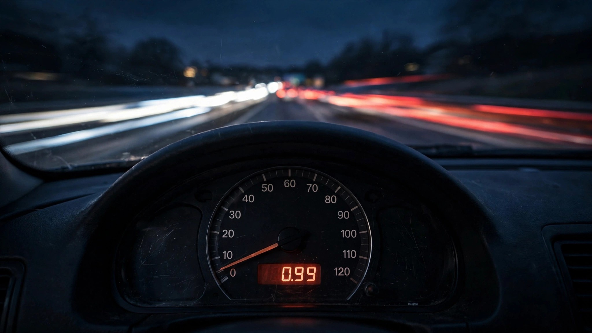 Blurred highway lights through a speedometer