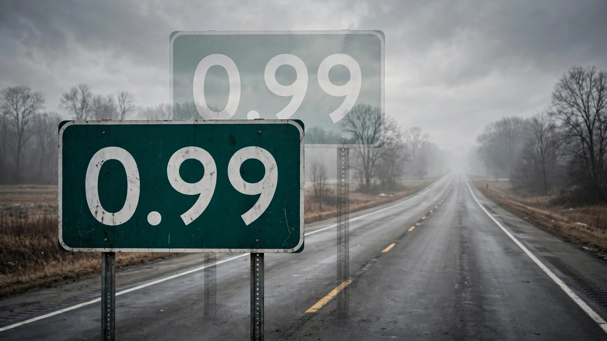 Highway road sign displaying 0.99 fatality rate with ghostly duplicate behind it on empty overcast highway