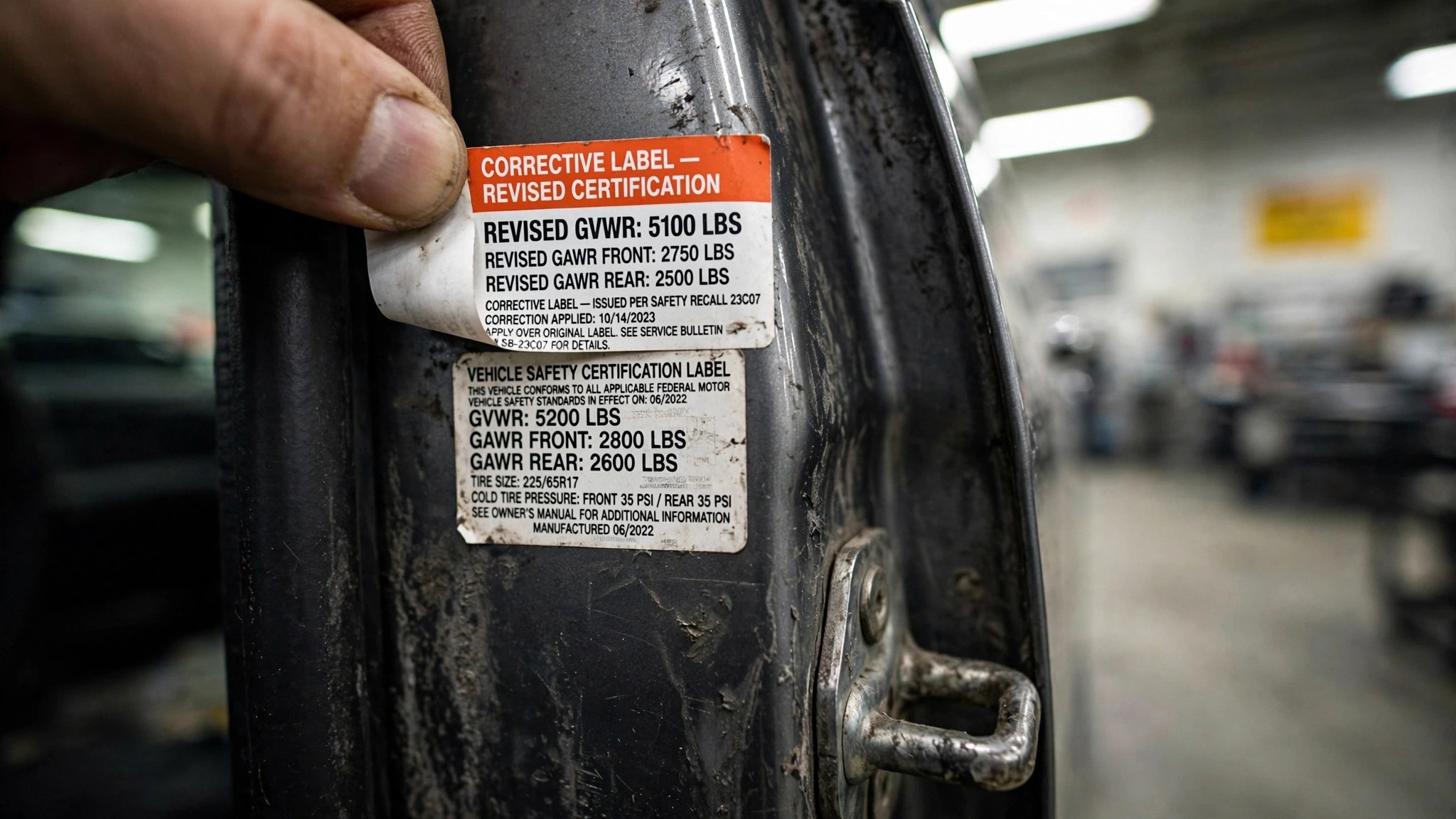 Close-up of vehicle safety certification sticker being replaced
