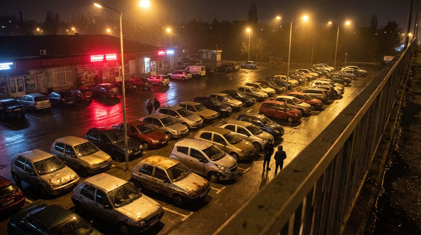 Small subcompact cars in a dimly lit parking lot