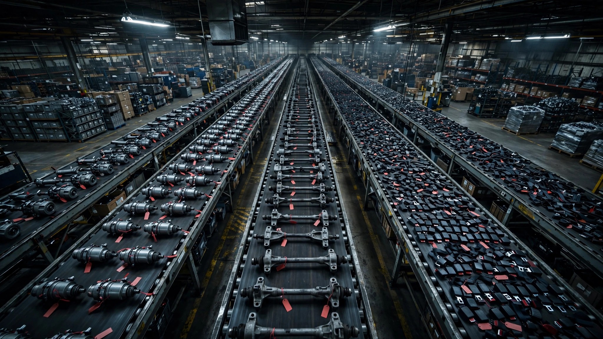 Massive automotive parts warehouse with conveyor belts carrying thousands of components