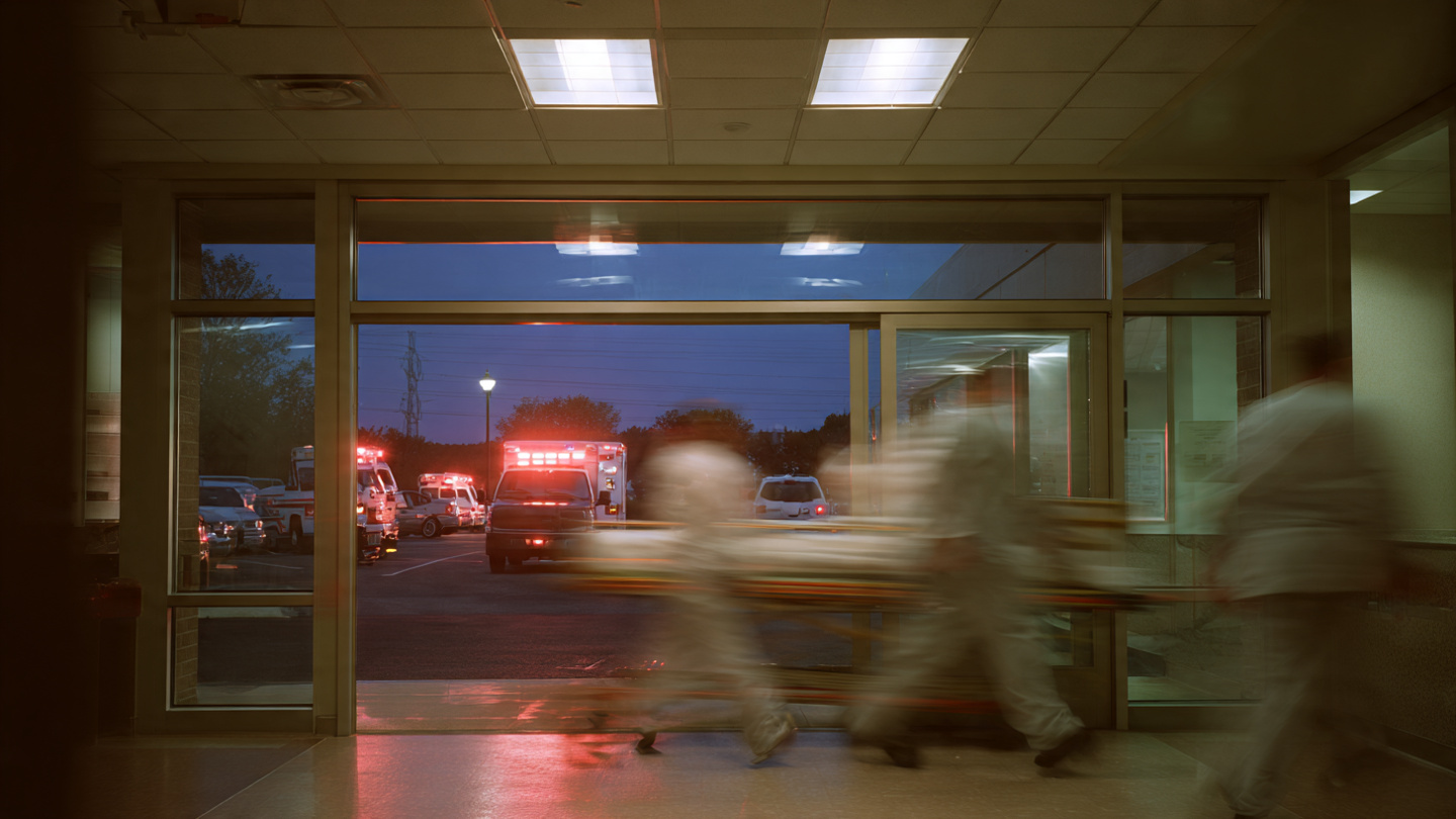 A hospital emergency room corridor with blurred motion of a gurney being wheeled past a parking lot visible through glass doors