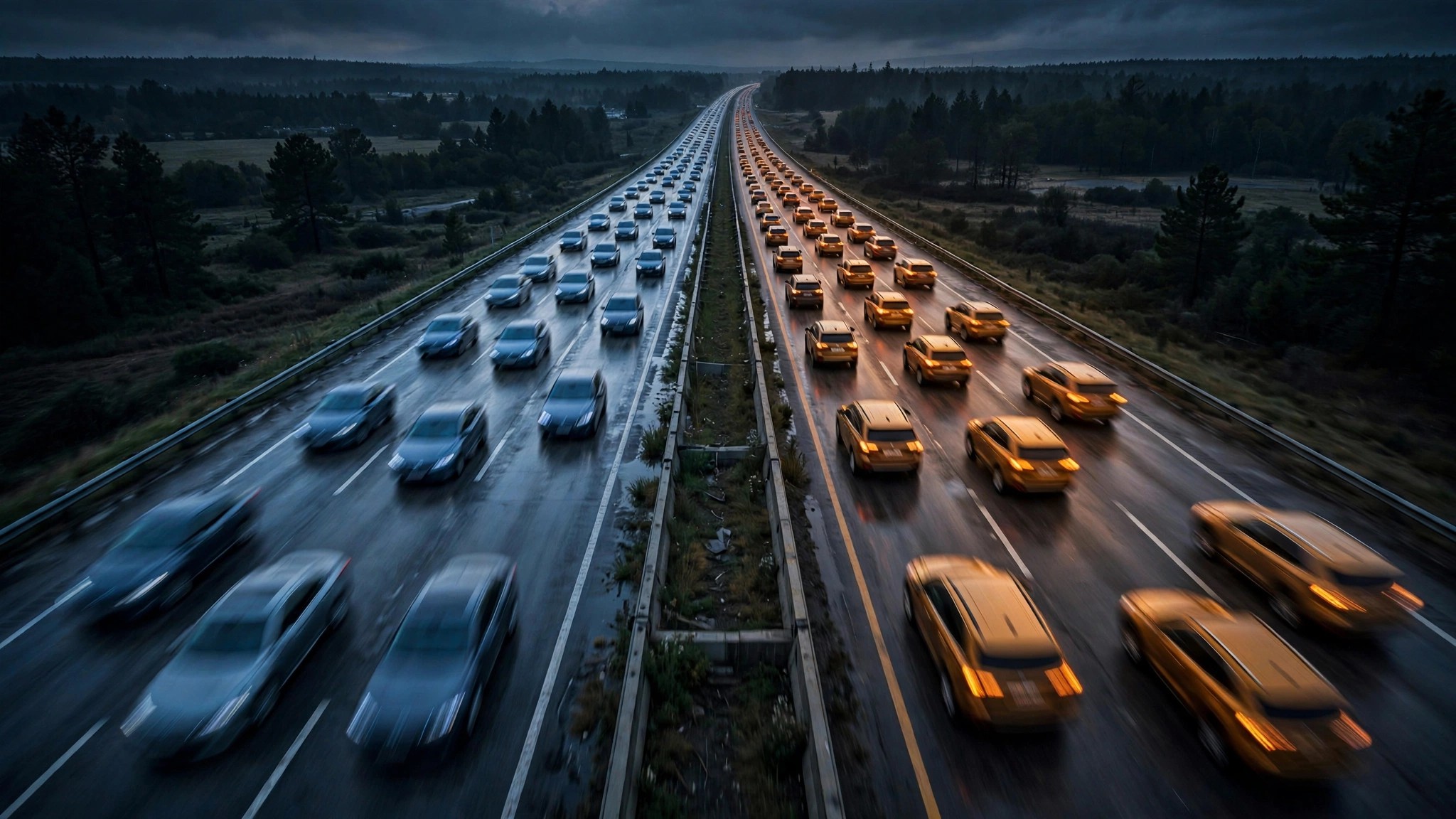 Split highway at dusk showing sedans and SUVs converging at a vanishing point