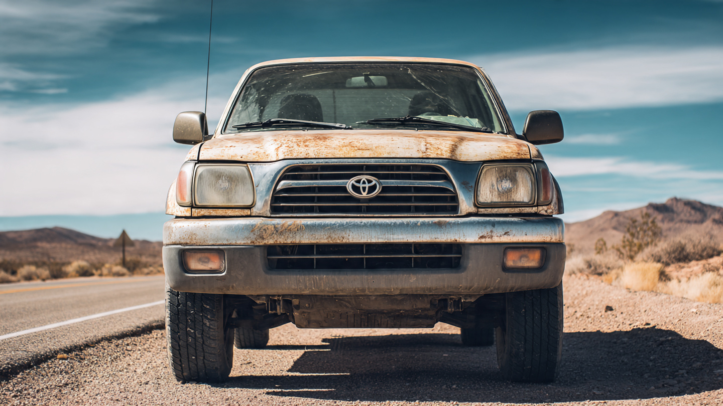 A weathered early-2000s Toyota Tacoma on a desert highway