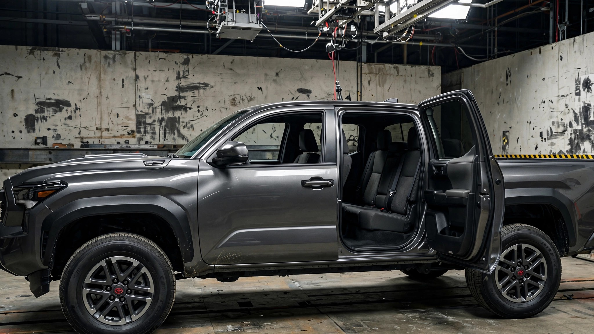 2026 Toyota Tacoma crew cab in crash test facility with rear door open