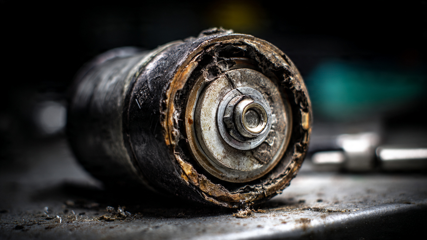 Close-up of a recalled Takata airbag inflator canister removed from a steering wheel