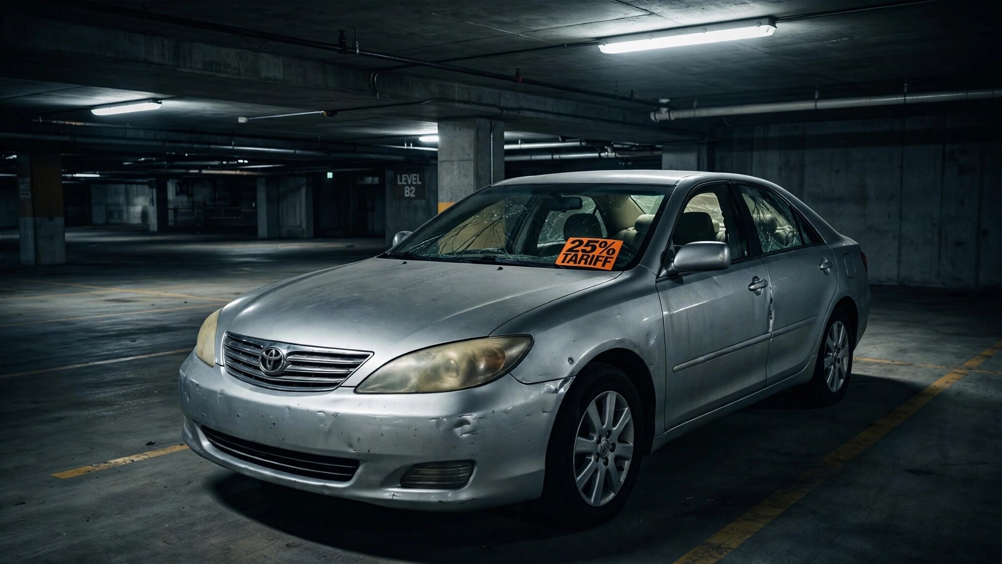 An aging mid-2000s sedan under harsh lighting with a 25 percent tariff sticker on the windshield