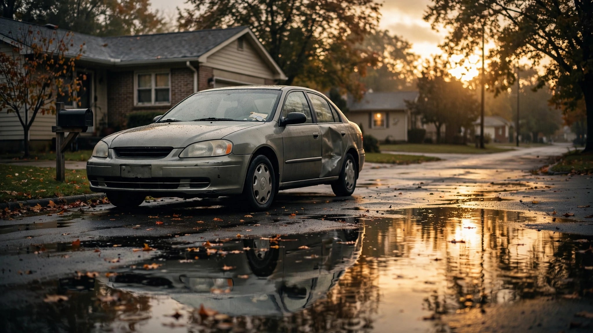 A used sedan in a suburban driveway with a faded safety rating sticker