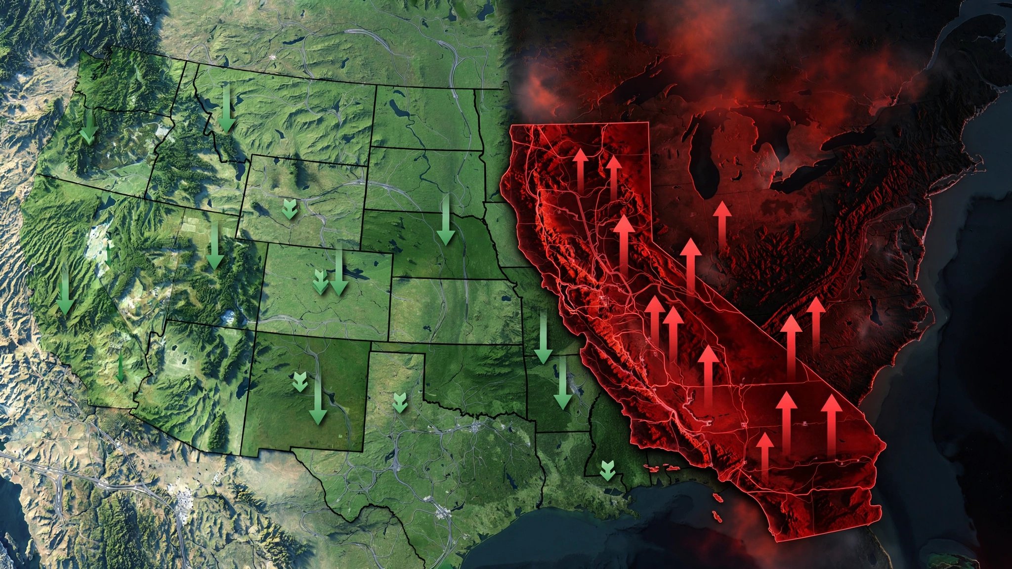 Split US map showing states in green with declining traffic deaths and states in red with increasing deaths