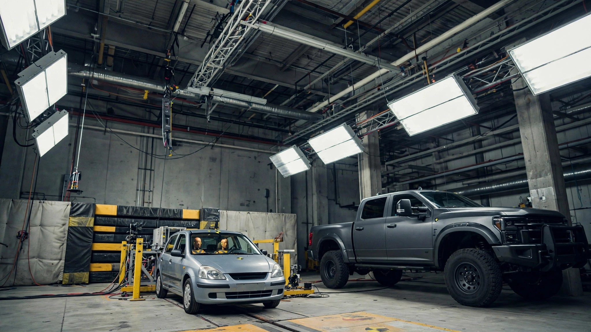 A massive heavy-duty pickup truck towers over a small sedan at a crash test facility