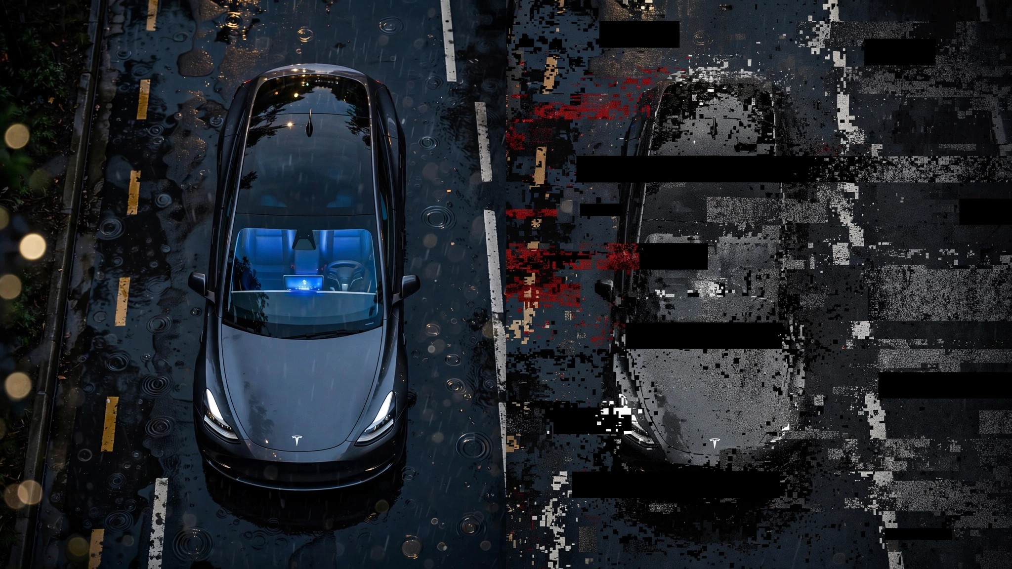 Tesla viewed from above on rain-slicked road, half dissolving into redacted static