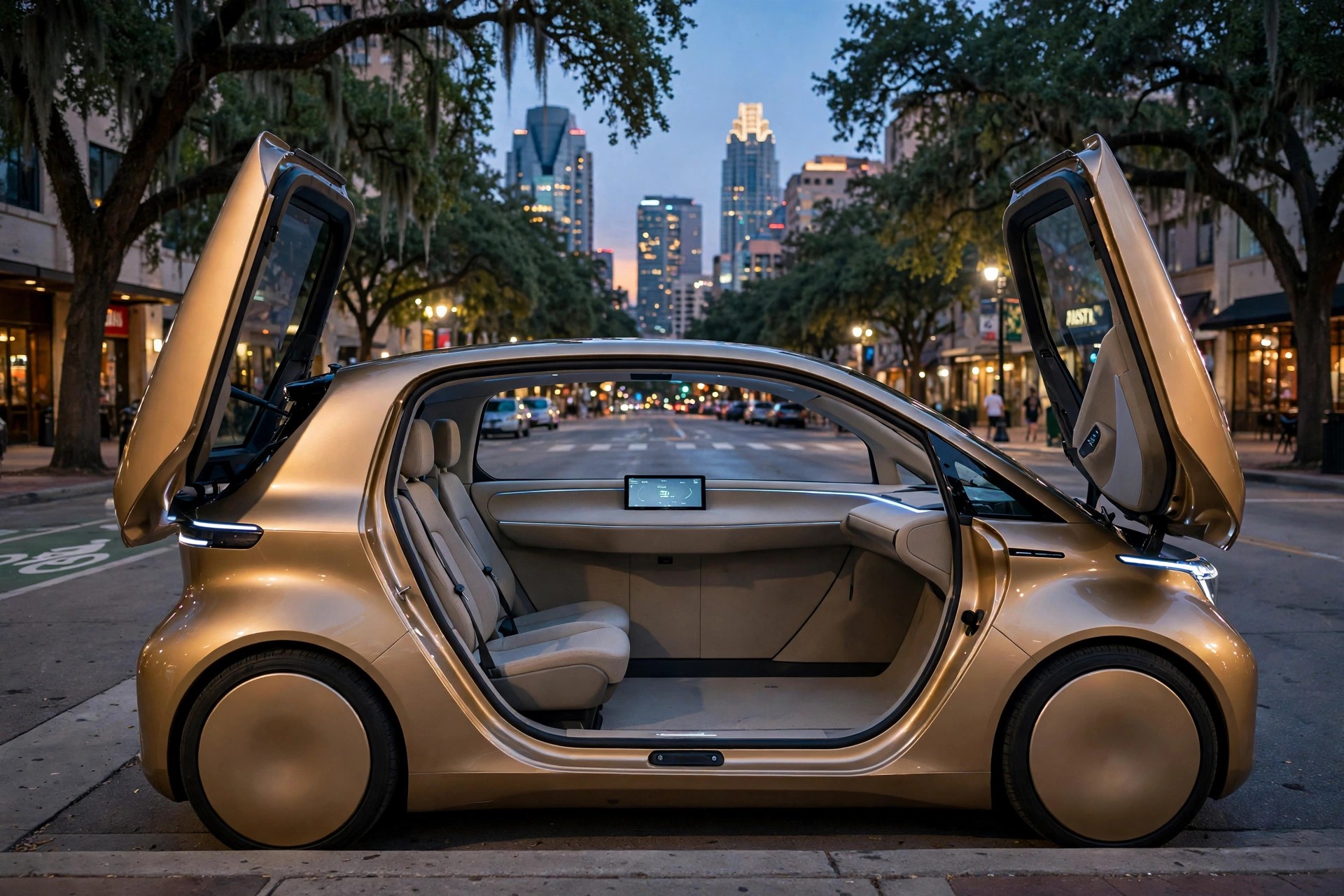 A gold Tesla Cybercab with butterfly doors open, showing an interior with no steering wheel