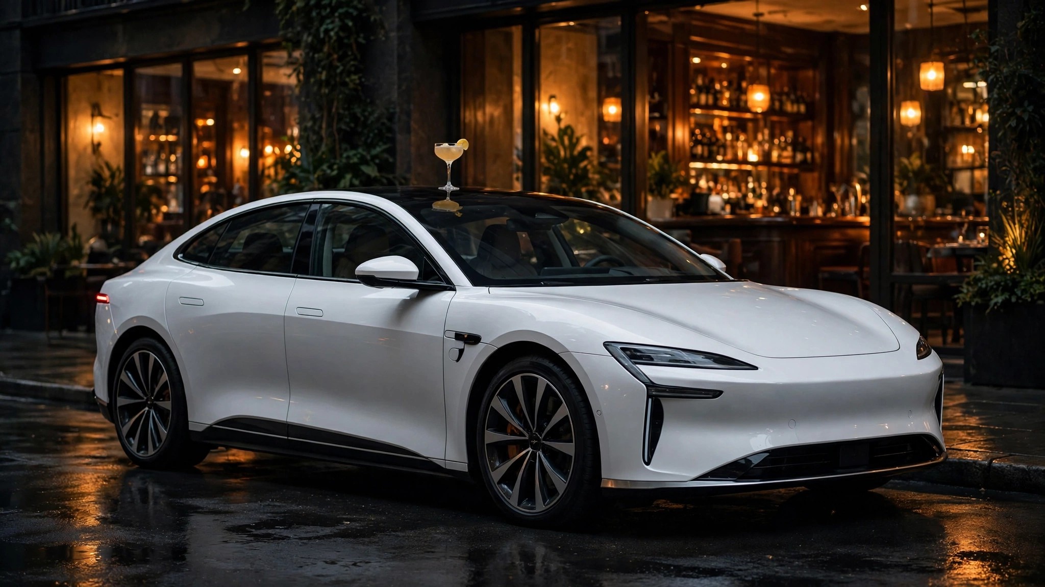 White Tesla Model S parked outside upscale restaurant at night