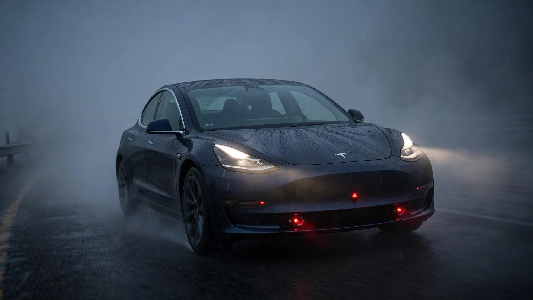 Tesla driving into fog with limited camera visibility