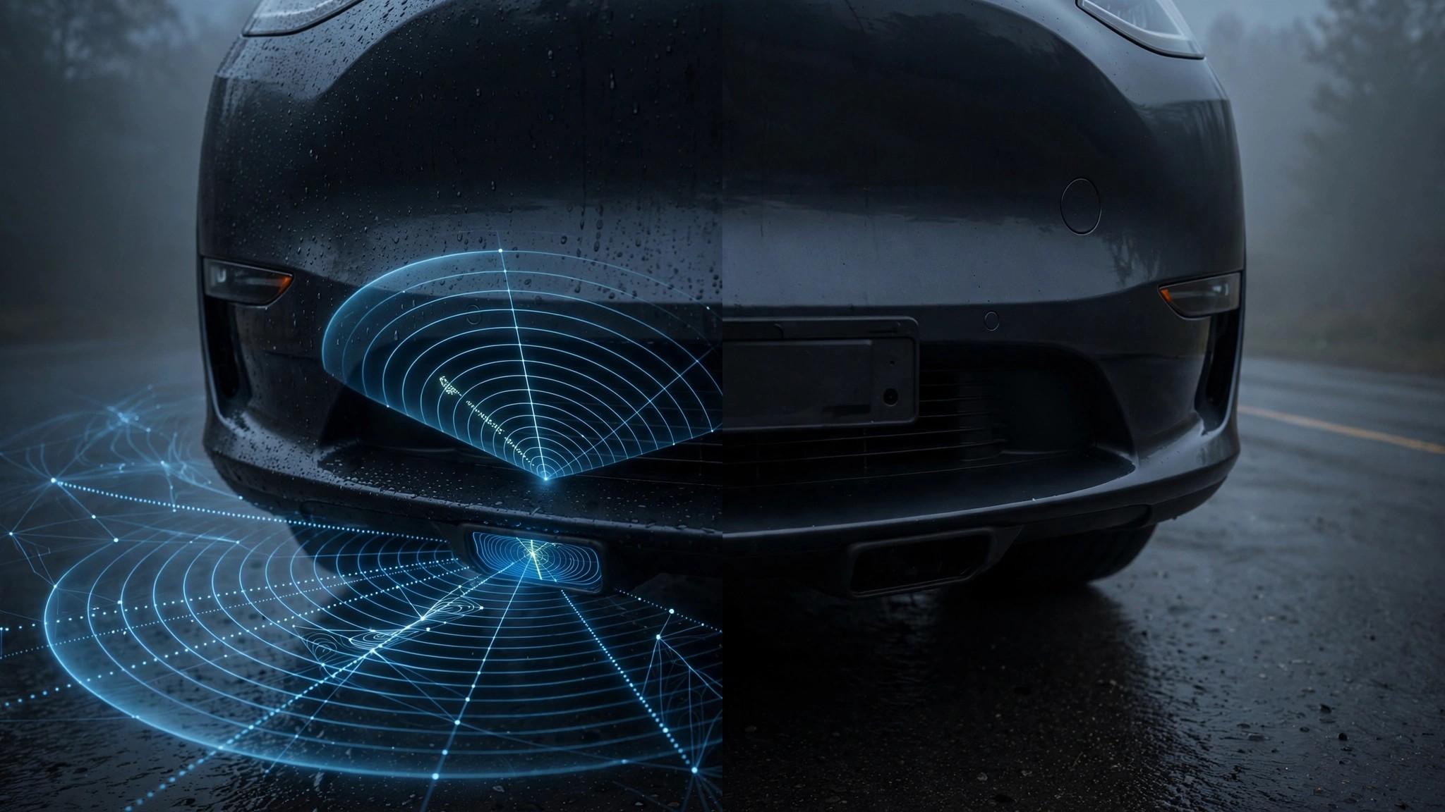Tesla front bumper split view showing radar sensor area versus blank plastic