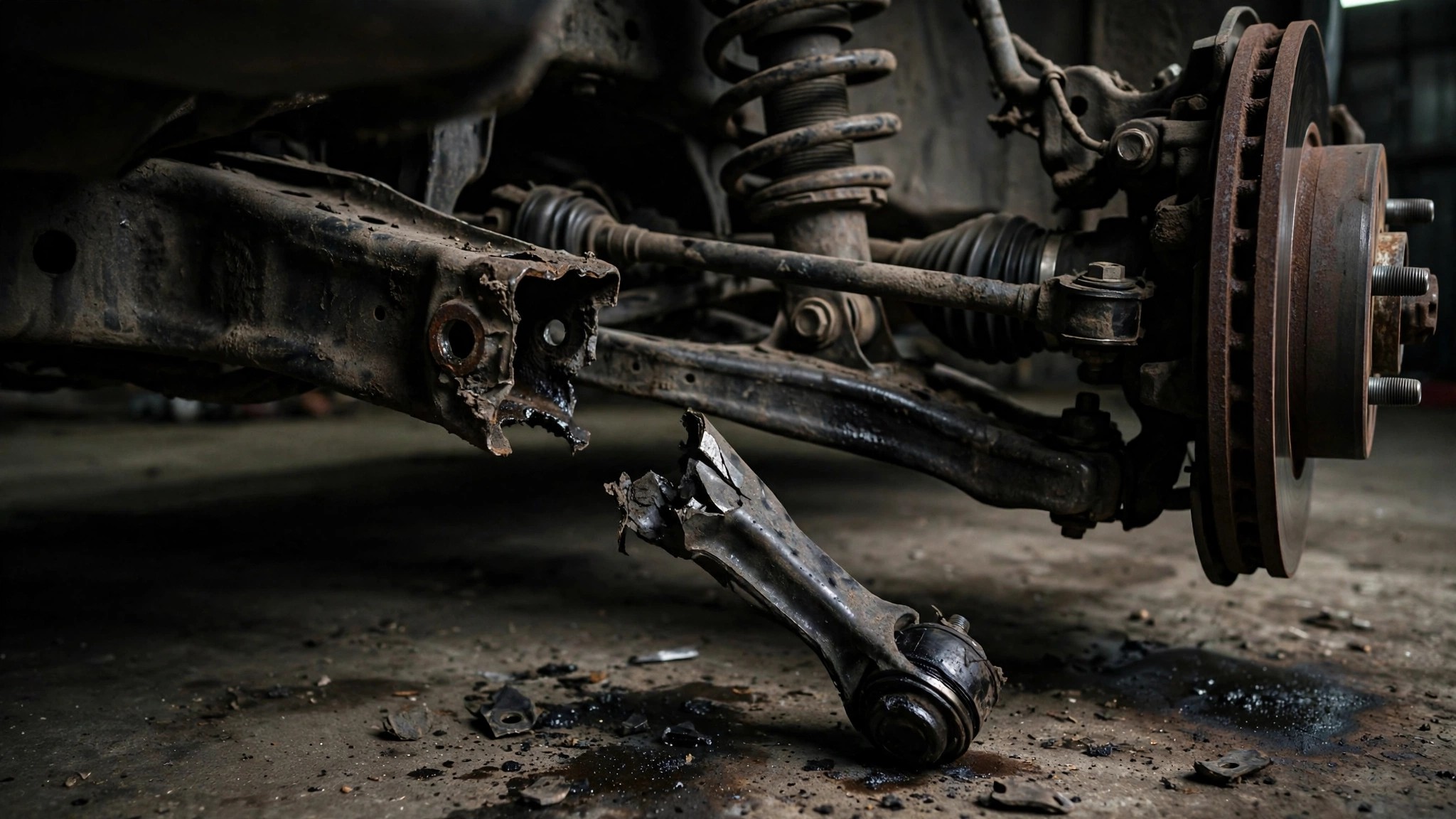Close-up of a broken front suspension lateral link detached from a car subframe
