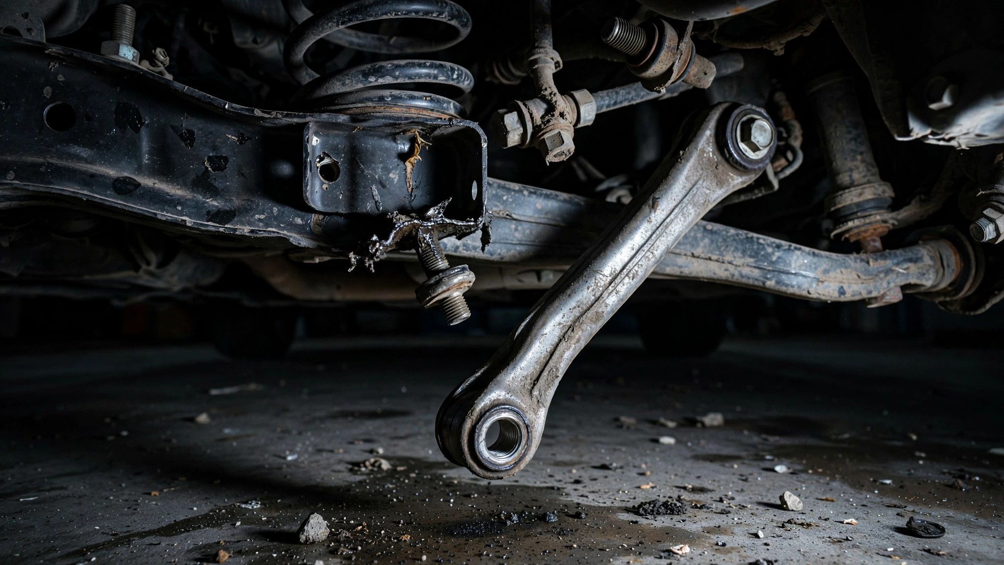 Detached front lower lateral link on a car suspension system