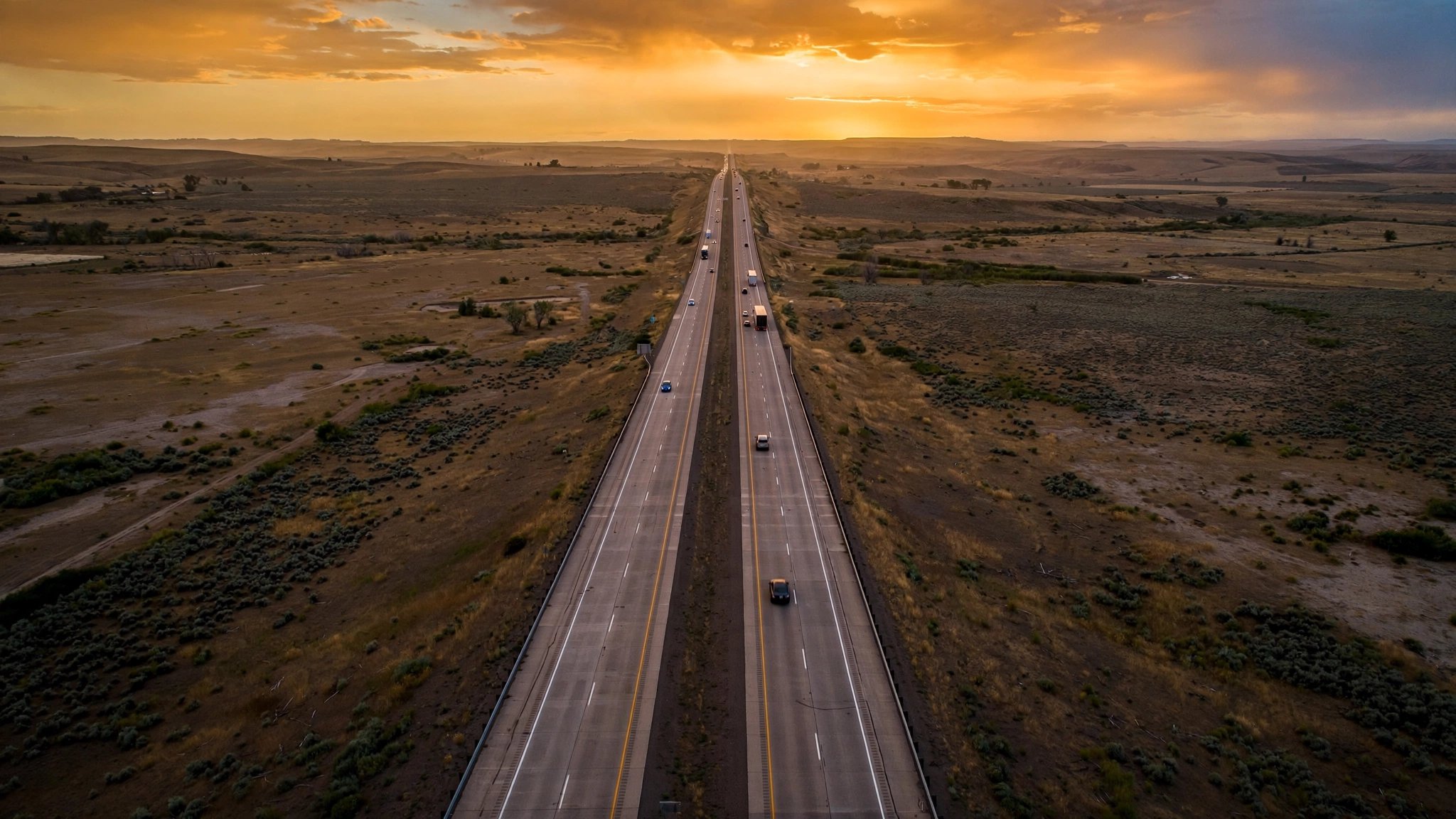 Long straight American highway stretching toward the horizon at dusk with light traffic