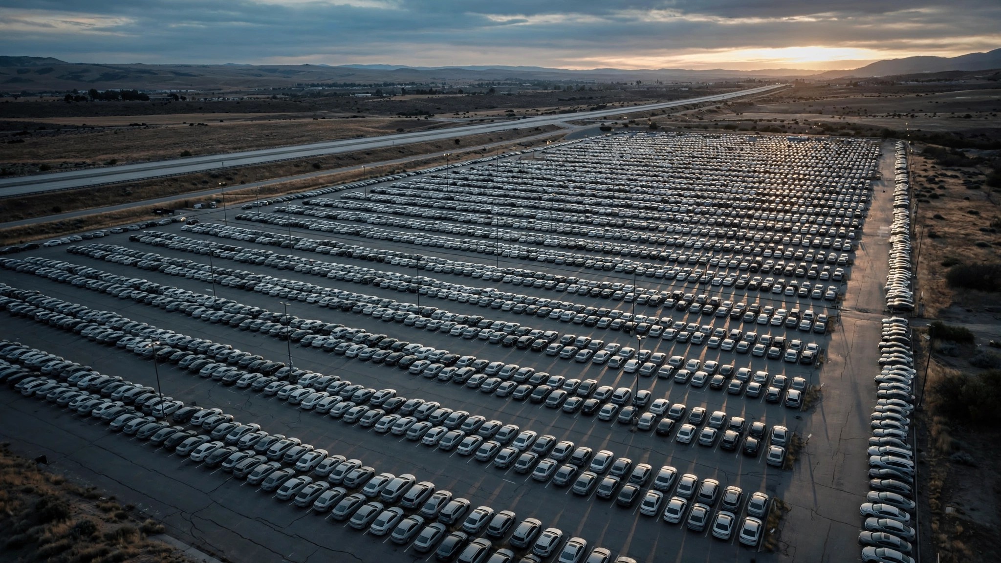 Aerial view of a massive parking lot filled with identical cars at dusk