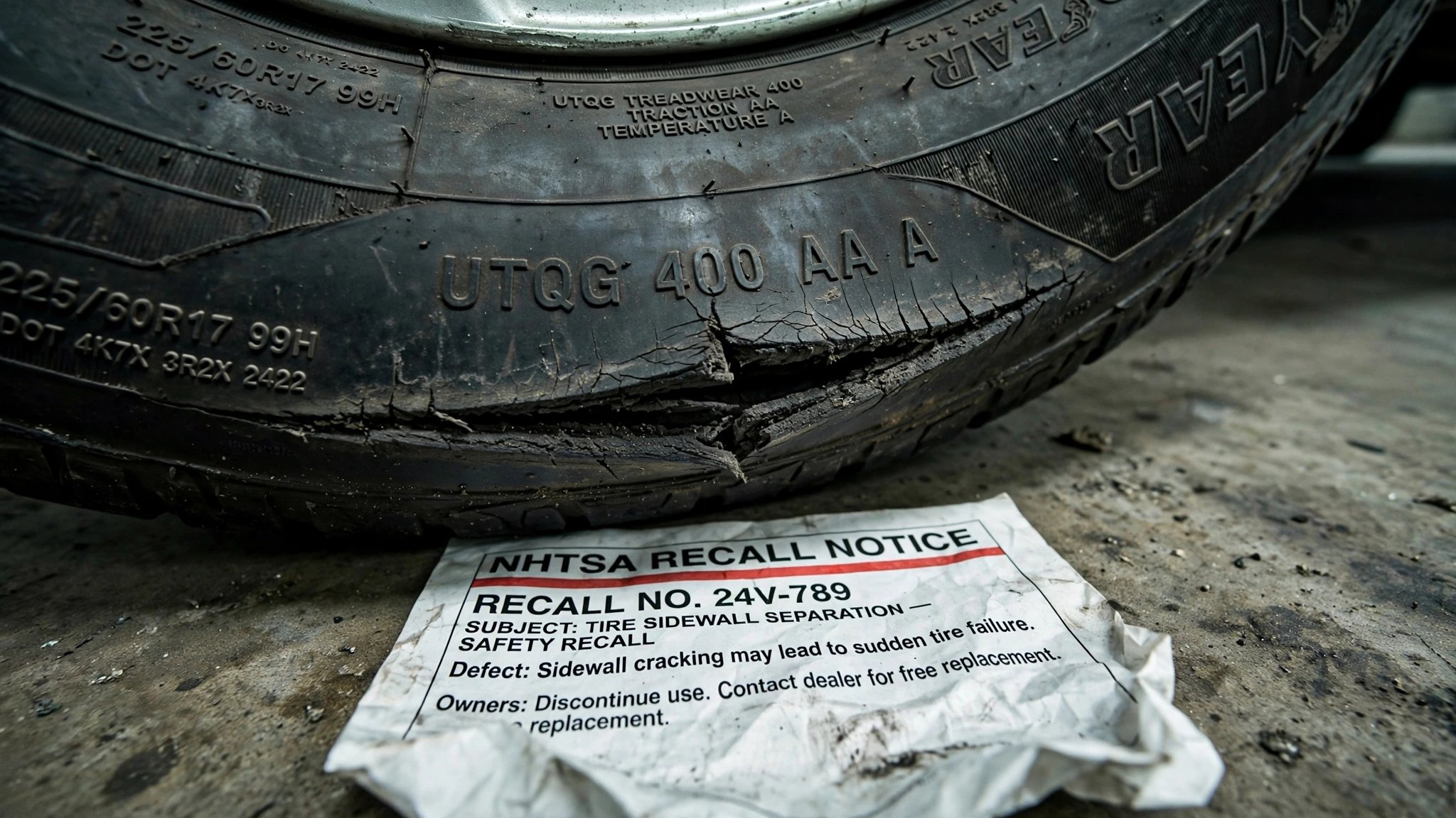 Close-up of a tire sidewall showing separation damage near the UTQG grade markings