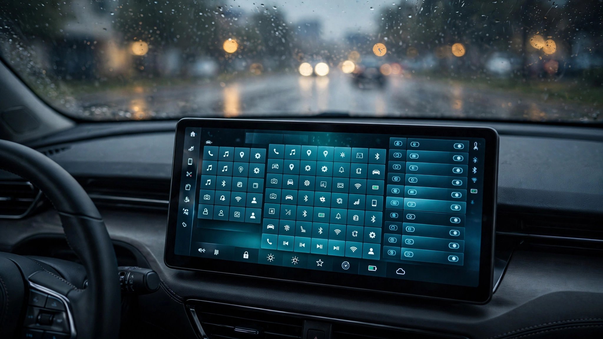 A modern car touchscreen infotainment display glowing in a dark cabin