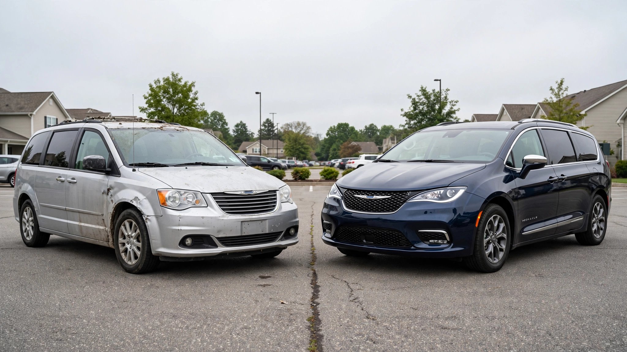 Two minivans side by side: an older Chrysler Town and Country next to a newer Chrysler Pacifica