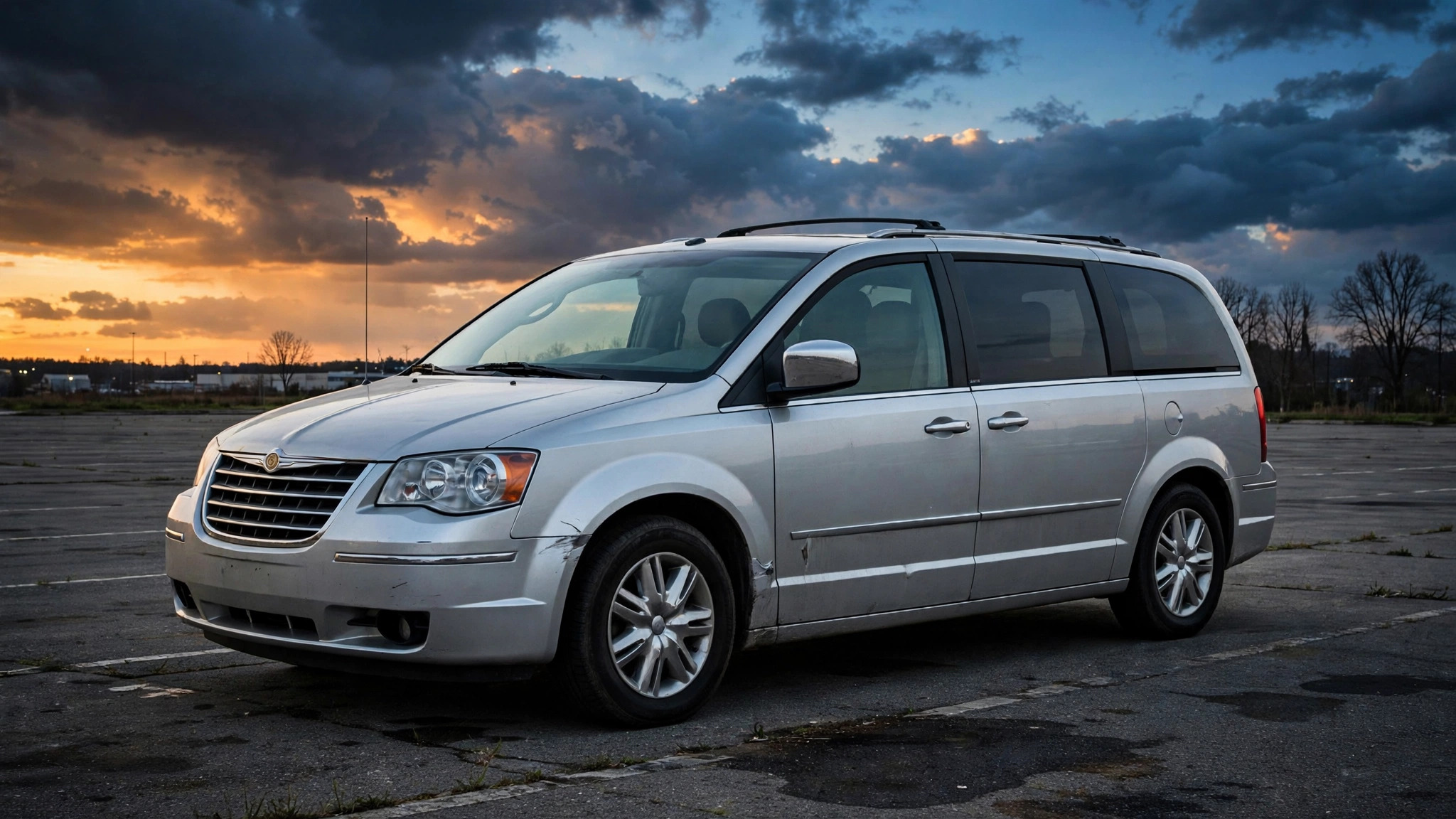 Chrysler Town and Country minivan at dusk