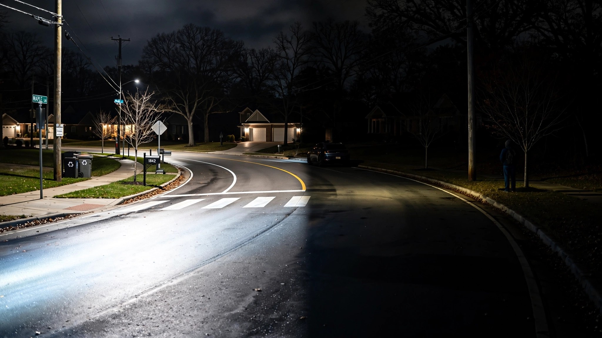 Split comparison of well-lit highway curve versus dark under-illuminated left curve showing poor Toyota EV headlight coverage