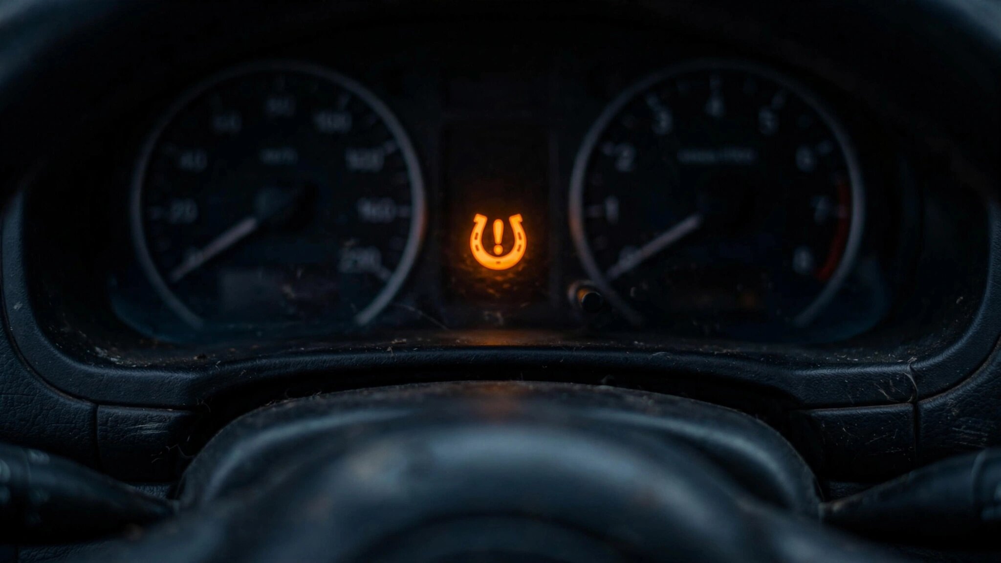 Close-up of a TPMS warning light illuminated on a car dashboard