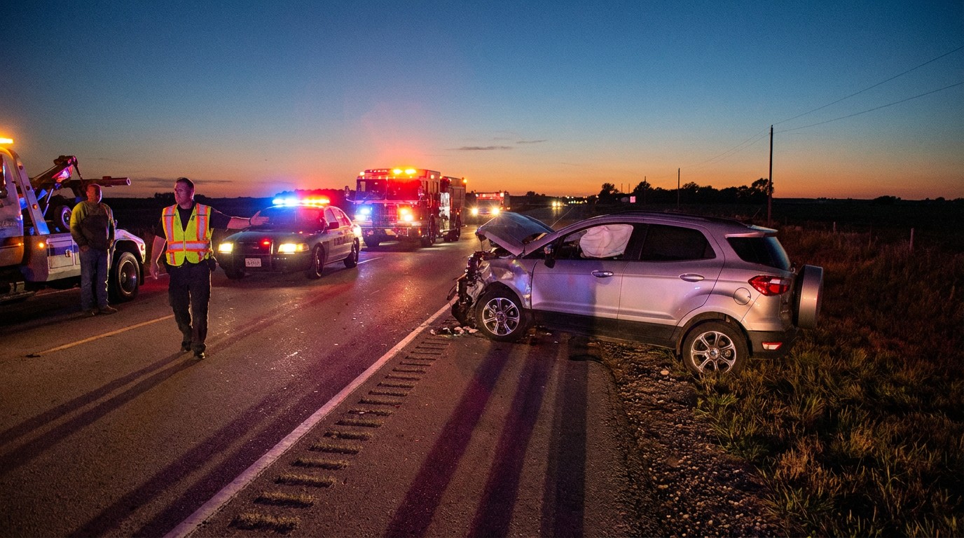 Wrecked Chevrolet Tracker on rural highway