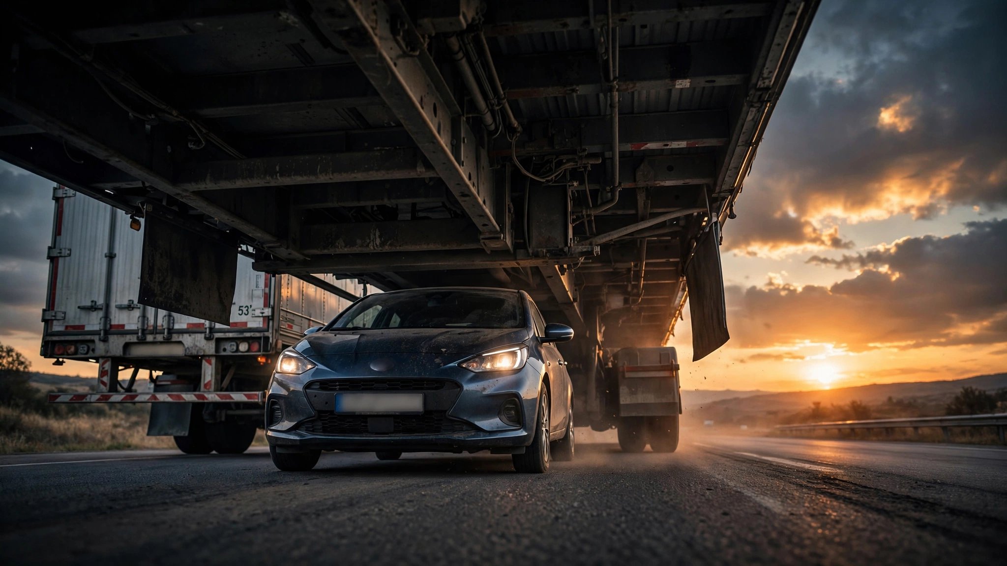 A passenger car approaching a semi-trailer on a highway at dusk